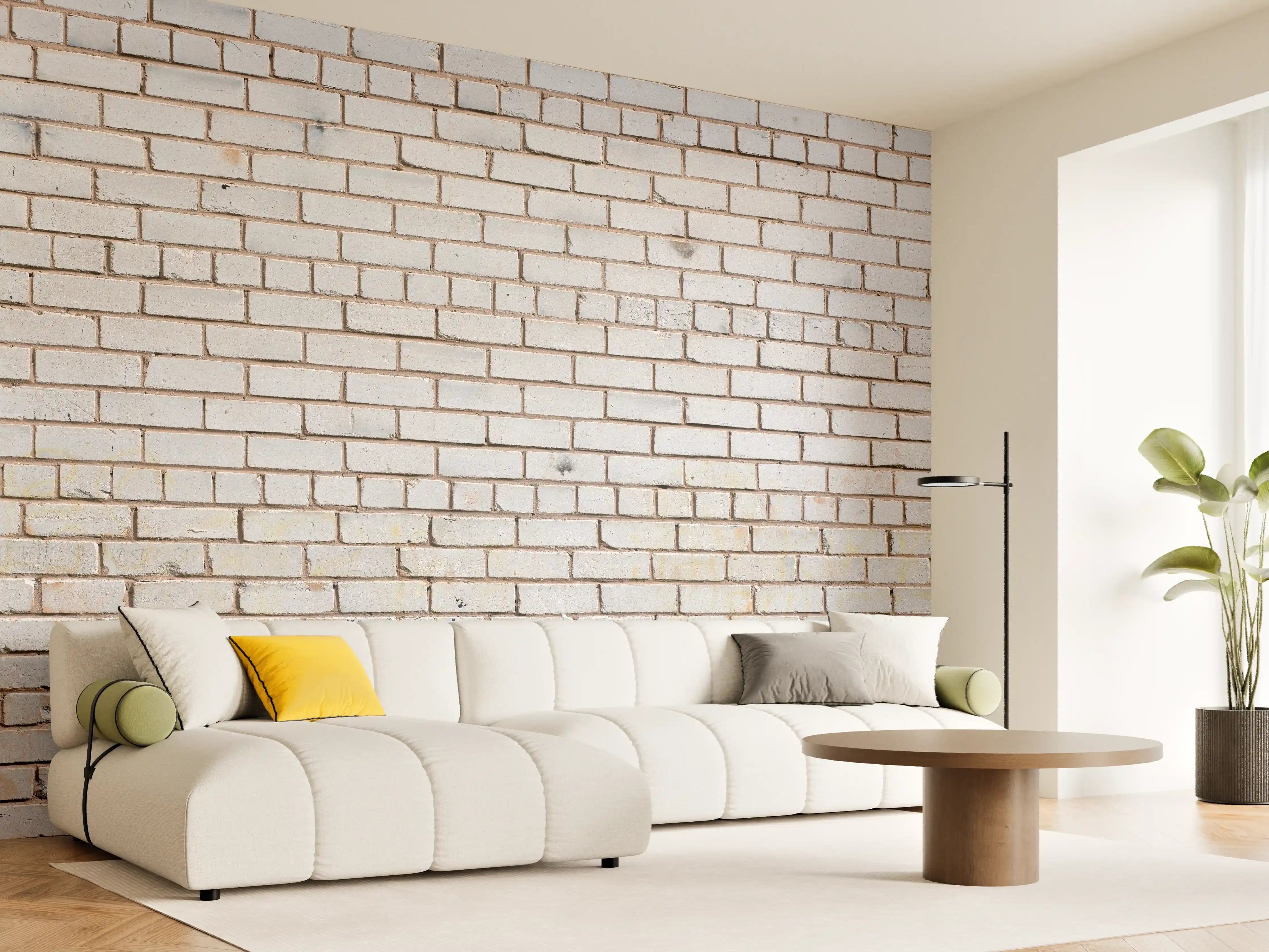 Wandverkleidung Wohnzimmer - Weiße Ziegelwand mit zarten Grautönen - realistische Textur