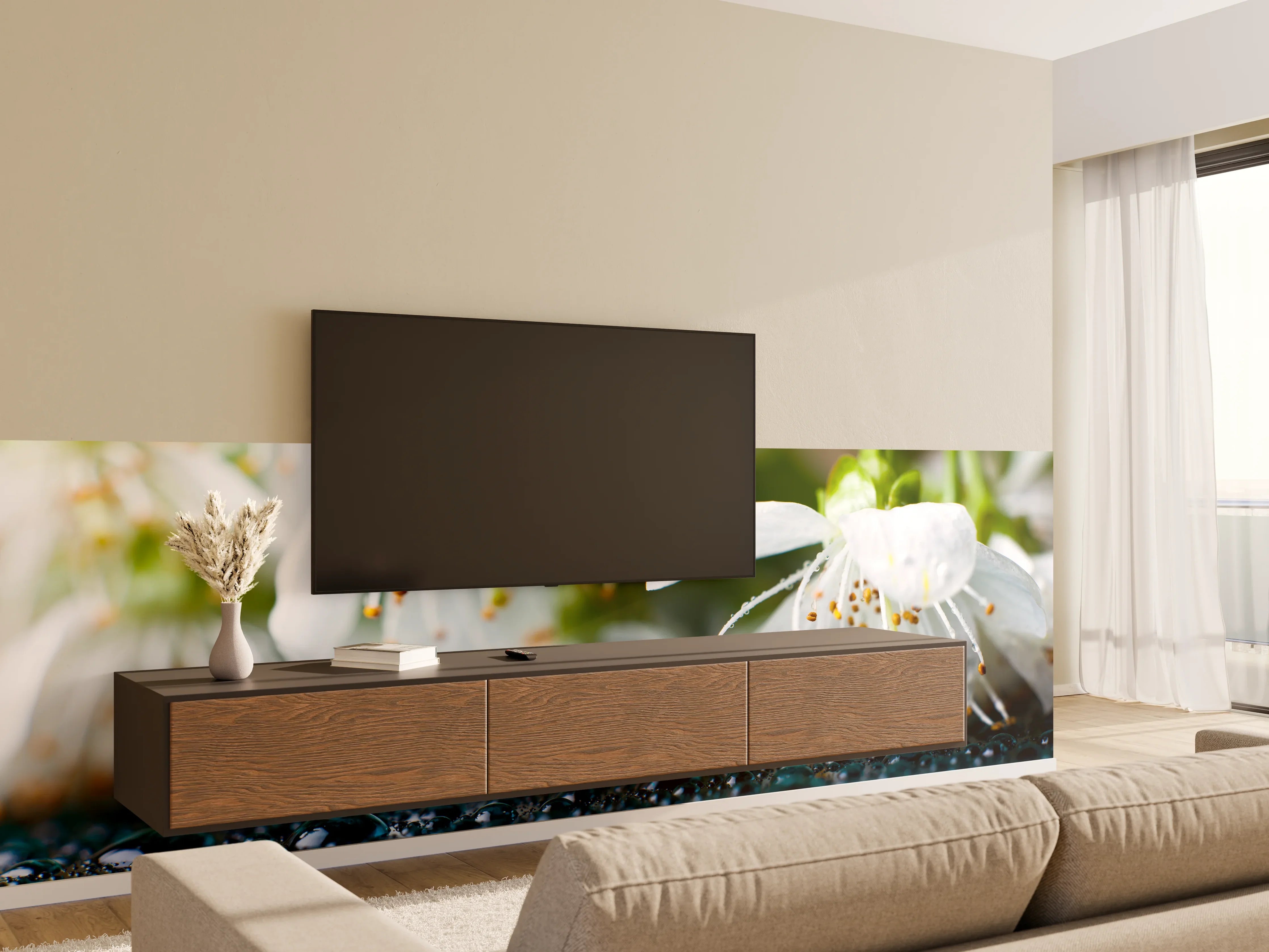 Wandverkleidung Wohnzimmer - Weiße blühende Frühlingsblumen