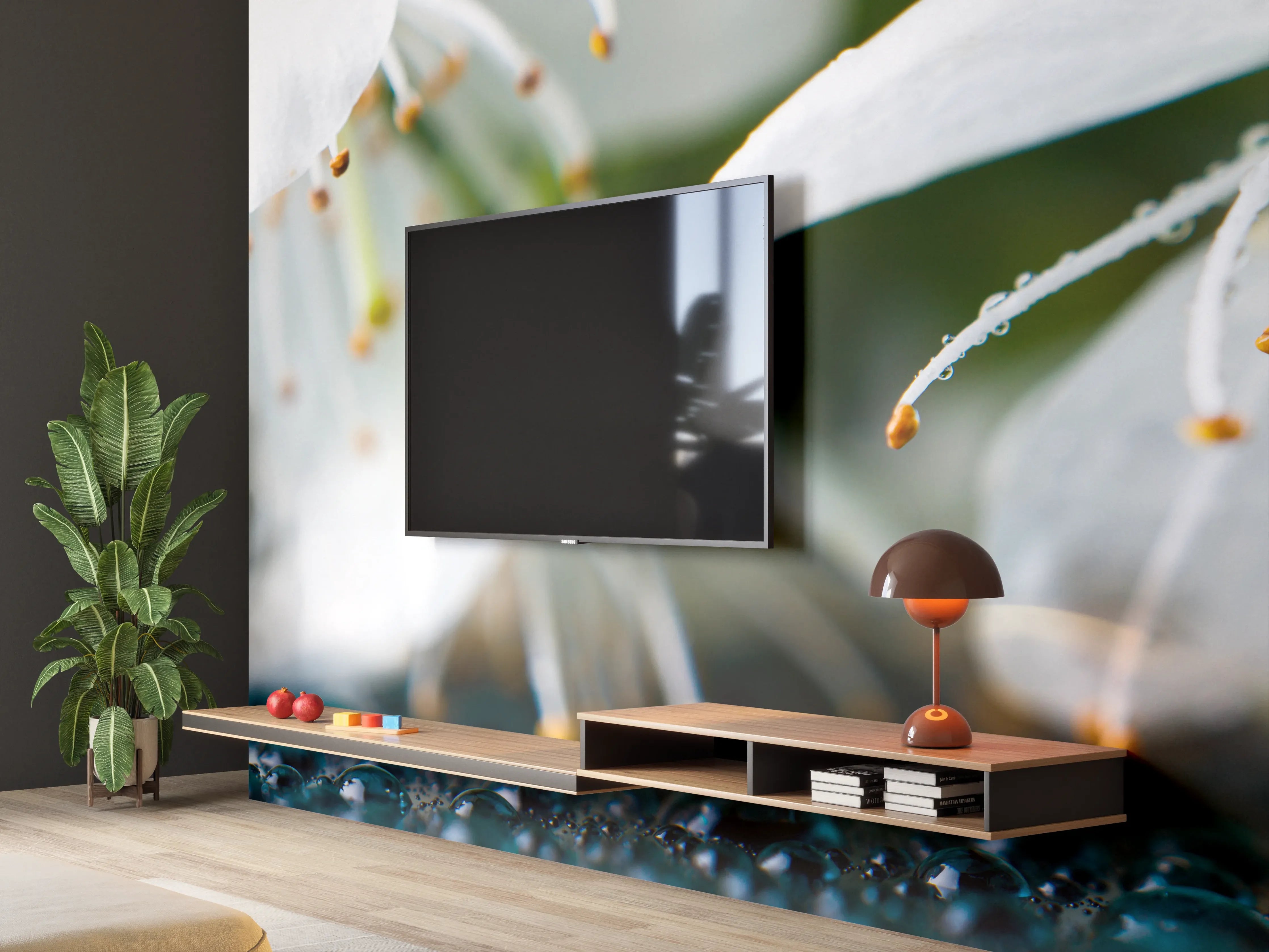 Wandverkleidung Wohnzimmer - Weiße blühende Frühlingsblumen
