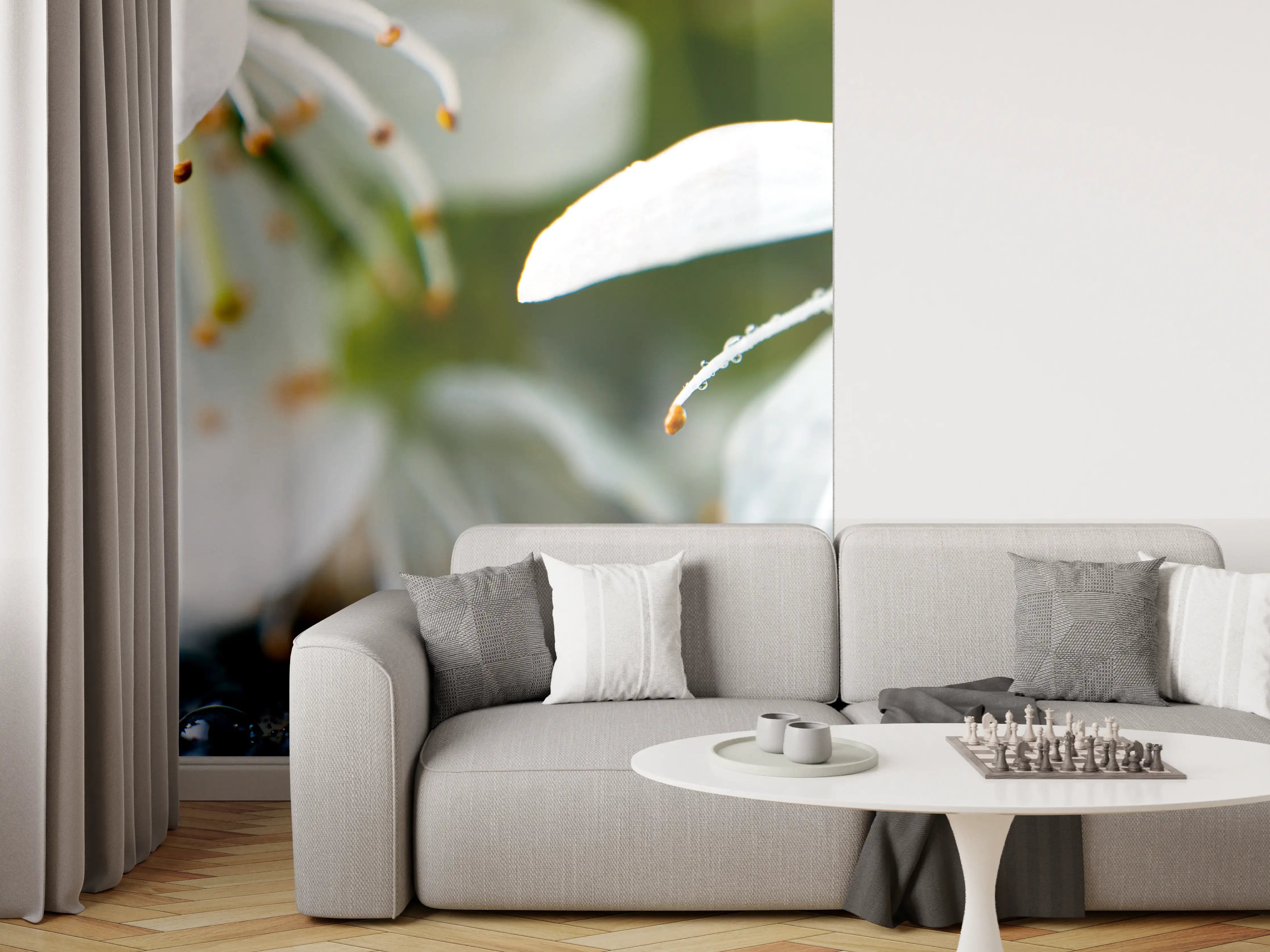 Wandverkleidung Wohnzimmer - Weiße blühende Frühlingsblumen