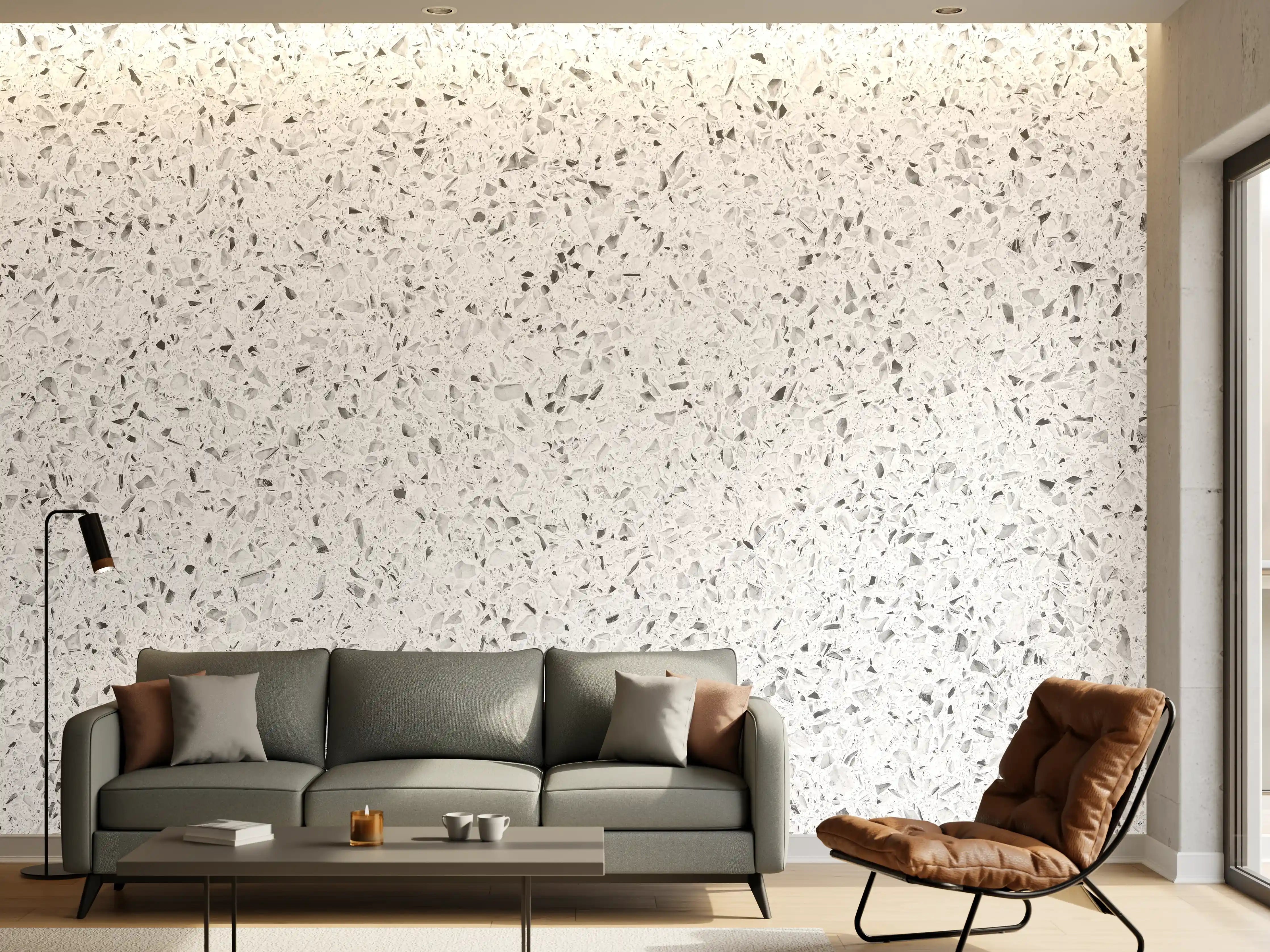 Wandverkleidung Wohnzimmer - Weiße gepunktete Quarzoberfläche