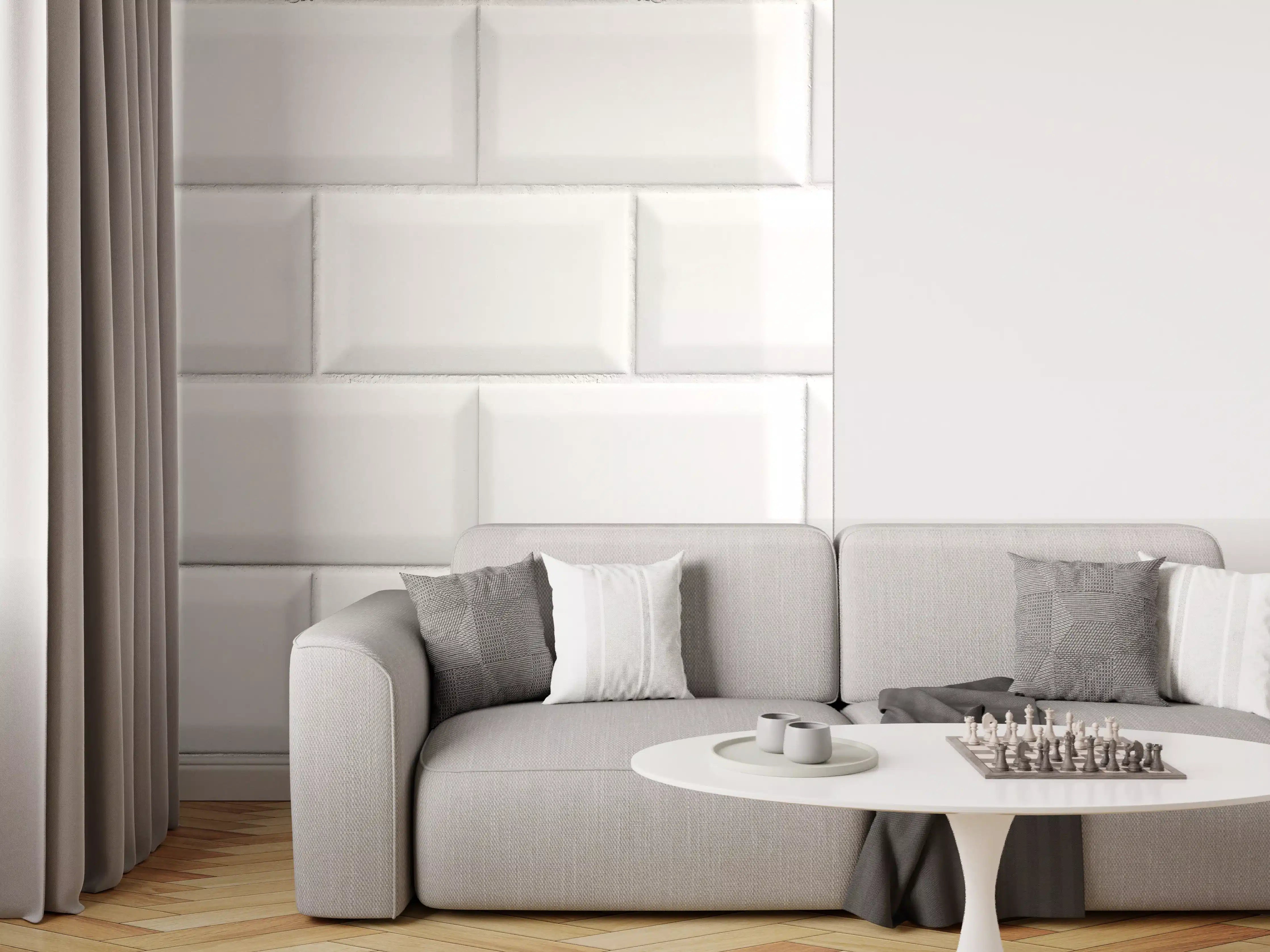 Wandverkleidung Wohnzimmer - Weiße helle glänzende Ziegelfliesen