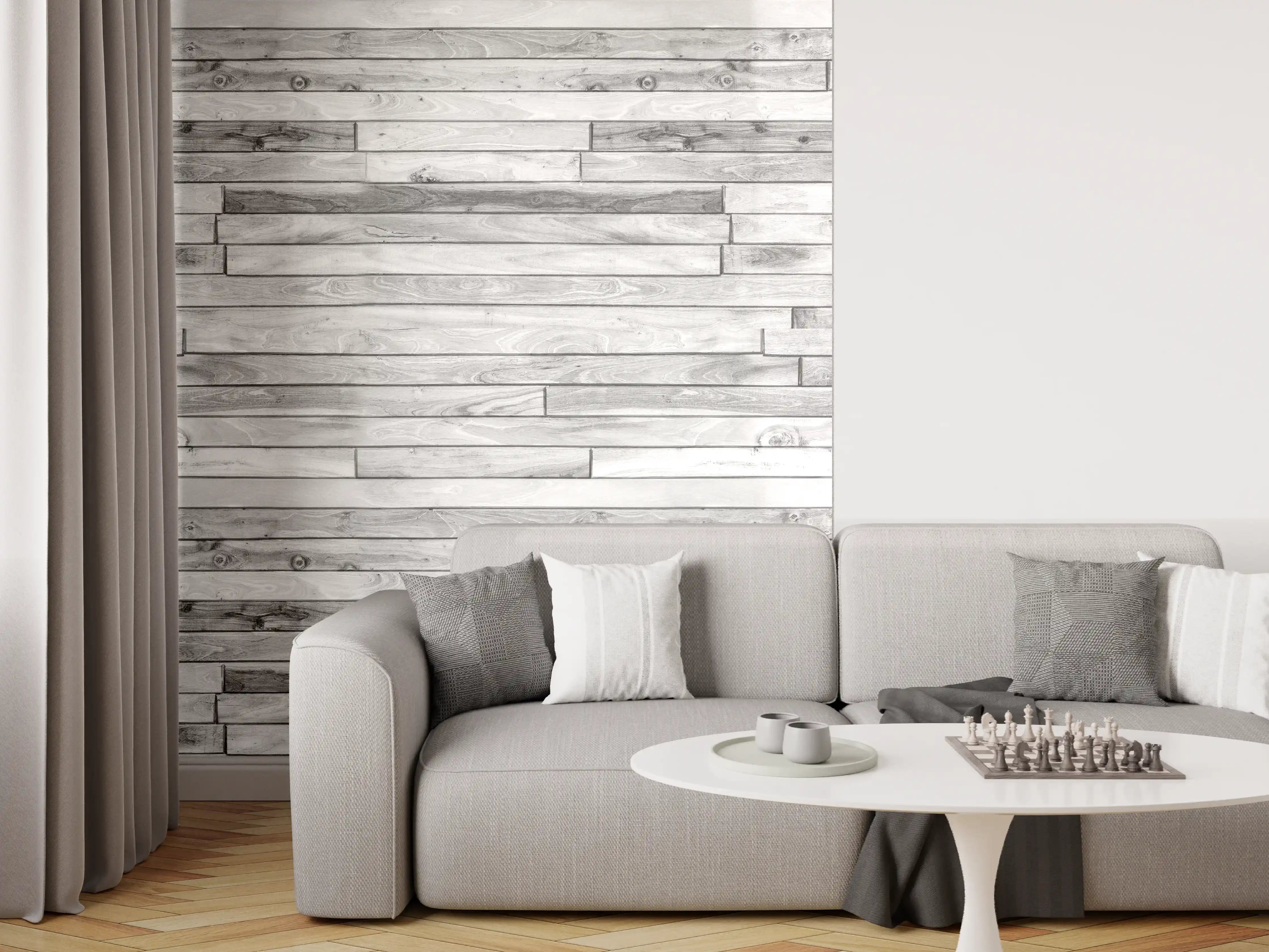Wandverkleidung Wohnzimmer - Weiße kleine Kiefernholzstücke