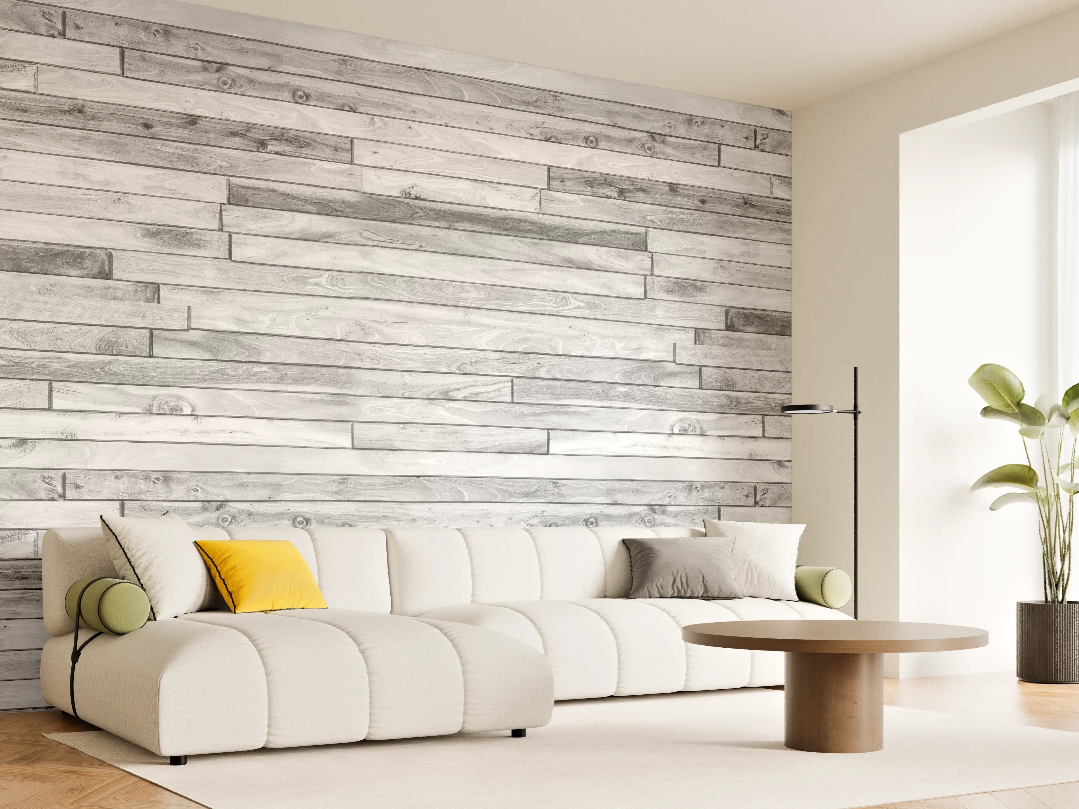 Wandverkleidung Wohnzimmer - Weiße kleine Kiefernholzstücke