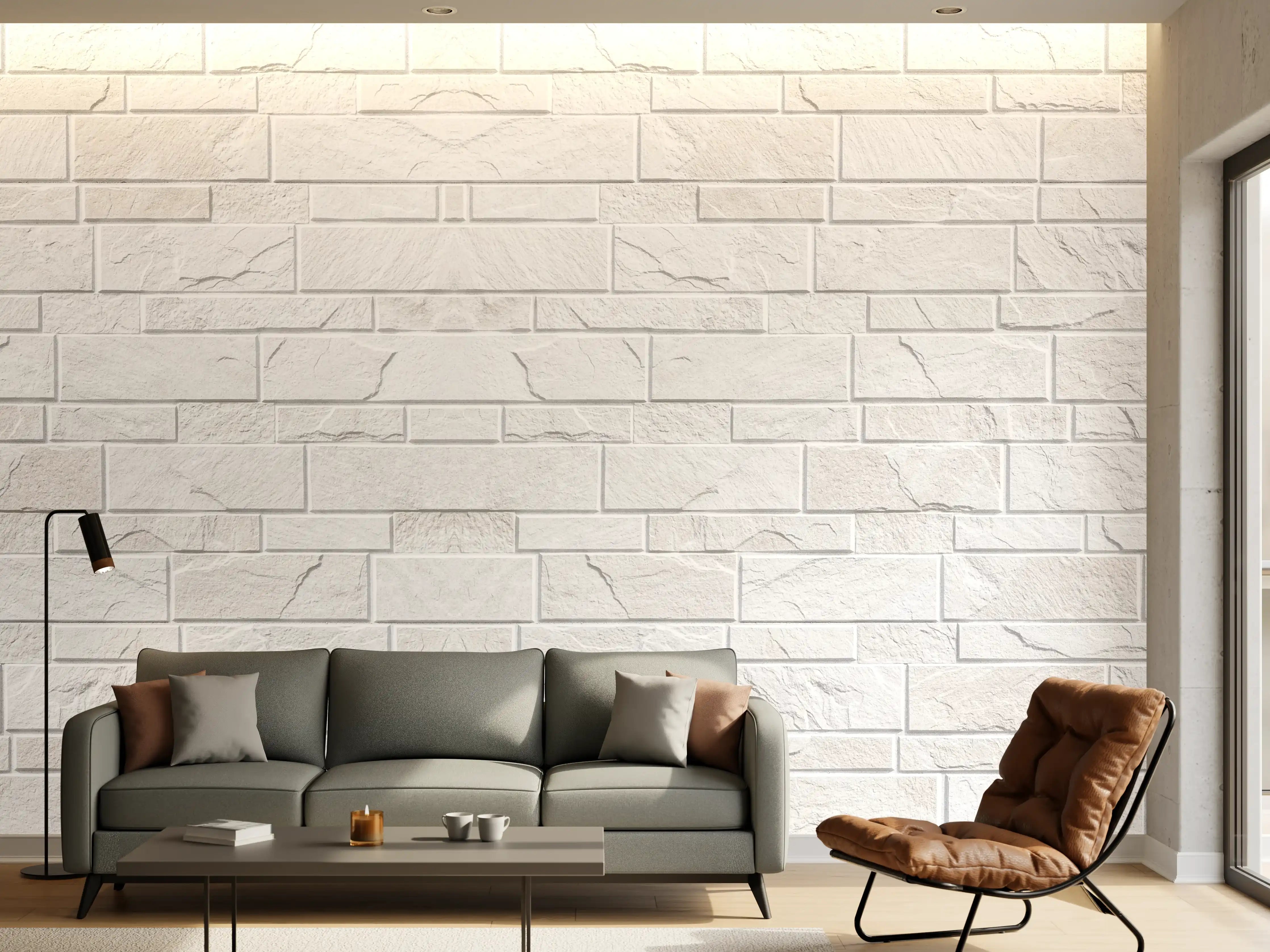 Wandverkleidung Wohnzimmer - Weiße moderne Steinwand