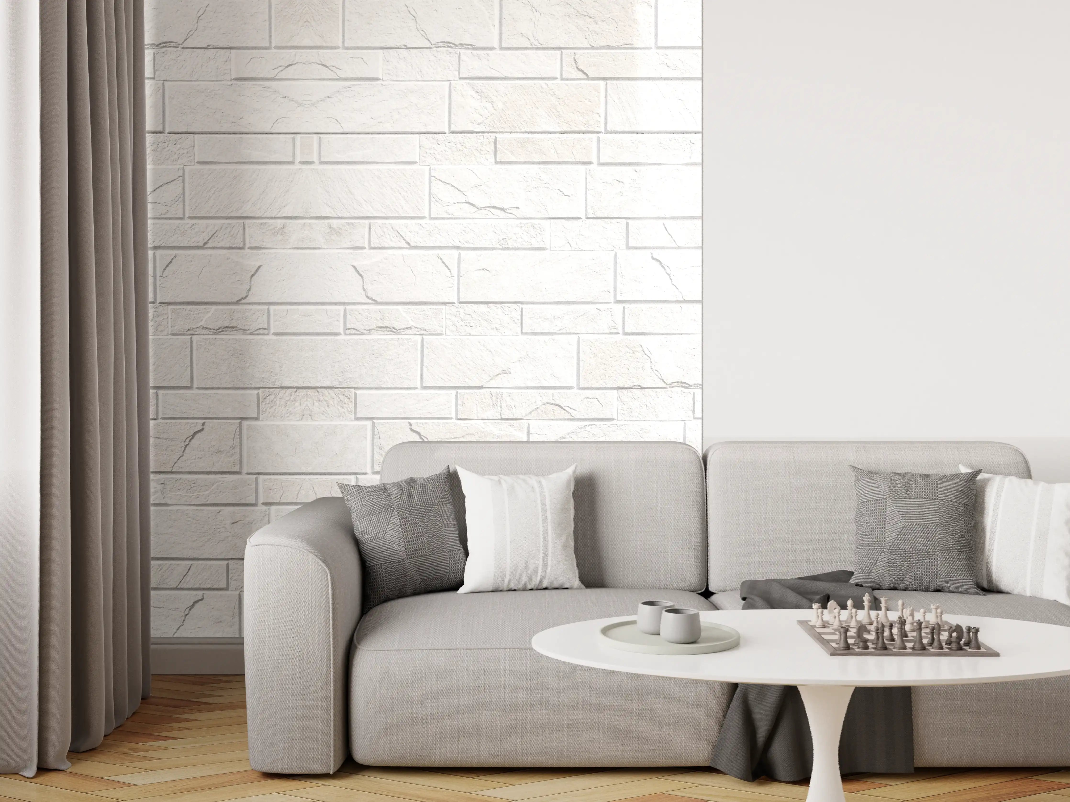 Wandverkleidung Wohnzimmer - Weiße moderne Steinwand