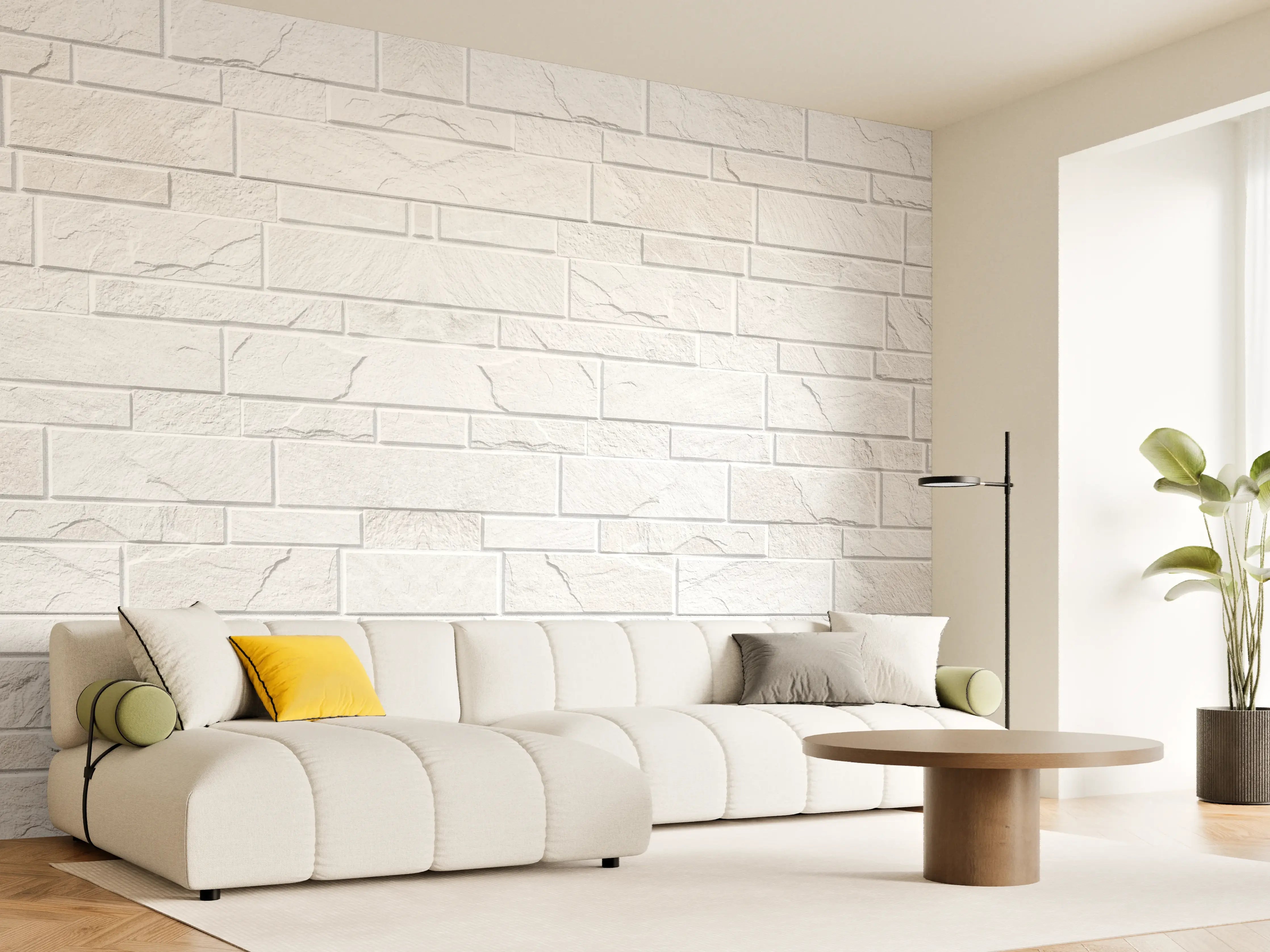 Wandverkleidung Wohnzimmer - Weiße moderne Steinwand