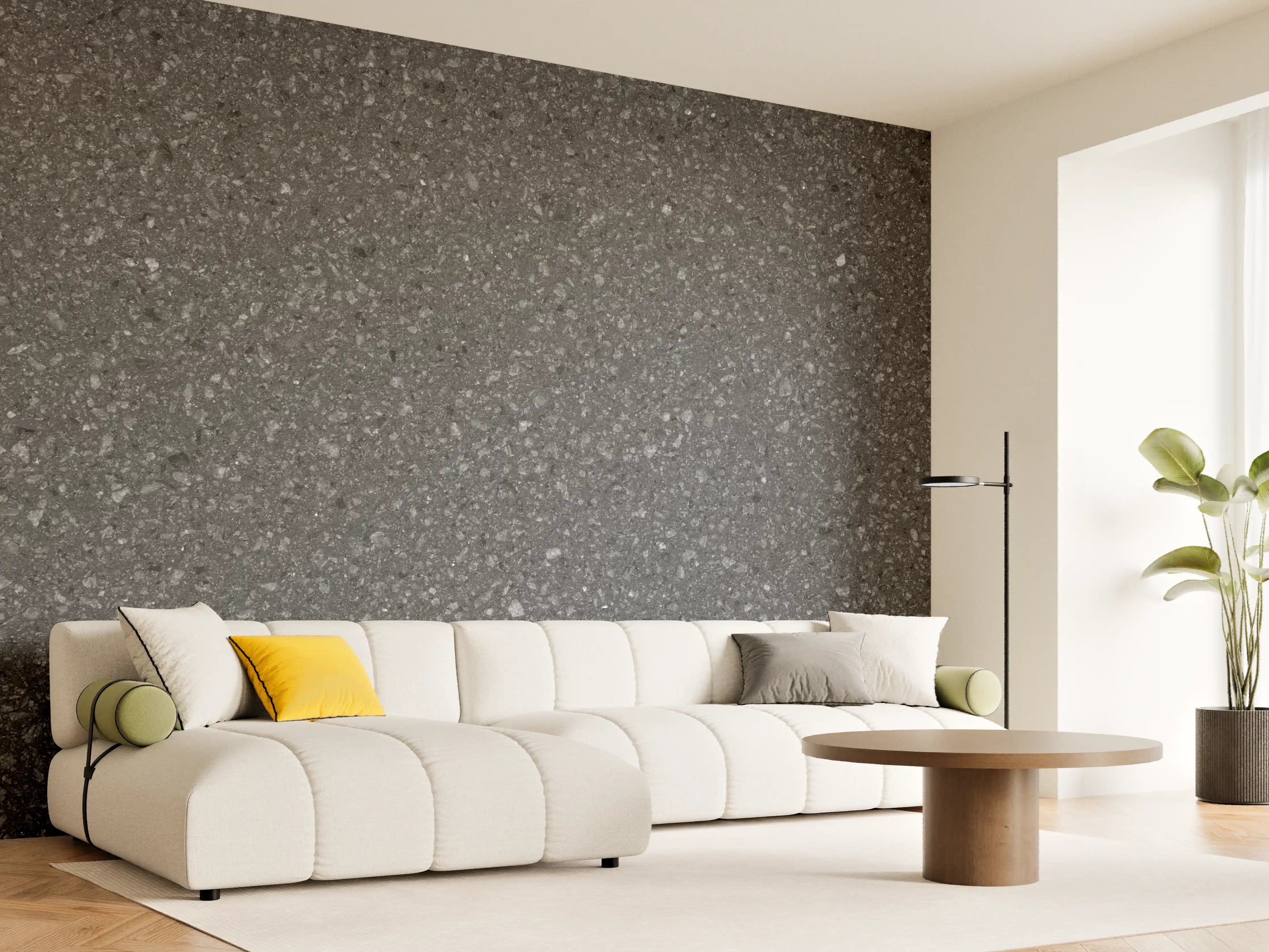 Wandverkleidung Wohnzimmer - Weißer Granit mit grauer Struktur