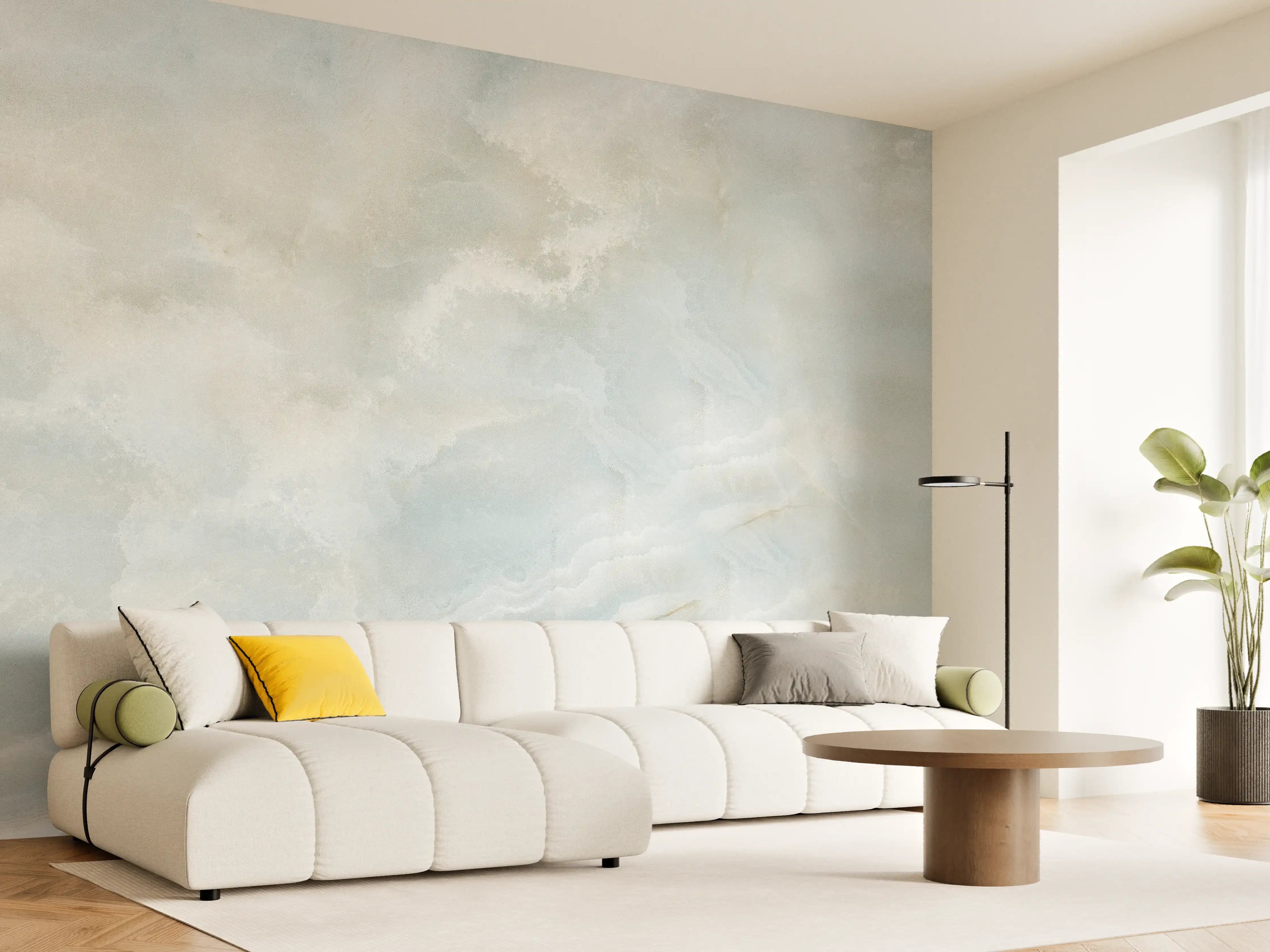 Wandverkleidung Wohnzimmer - Weißer Marmor mit Grautönen