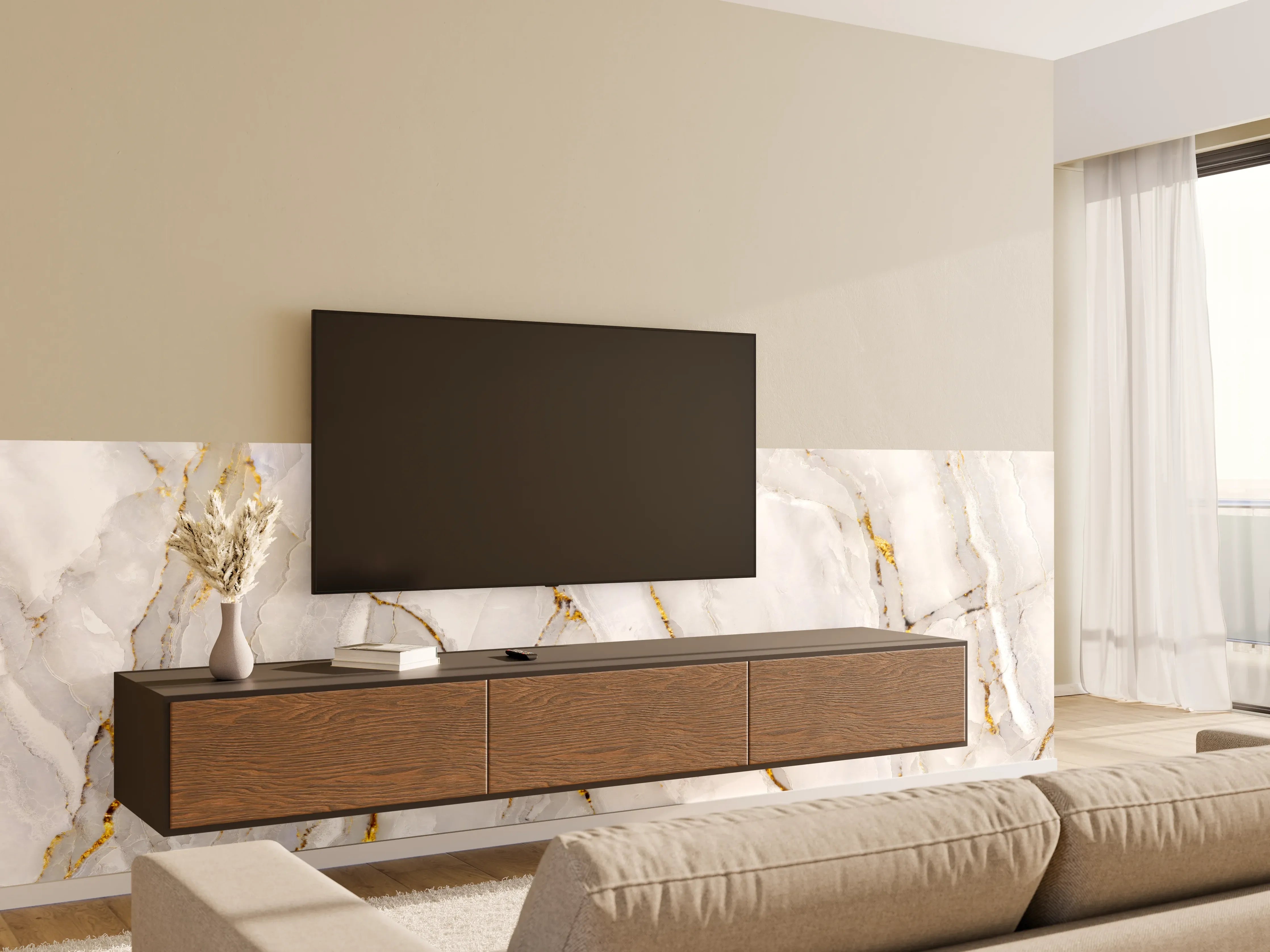 Wandverkleidung Wohnzimmer - Weißer Statuario-Marmor mit goldene Adern