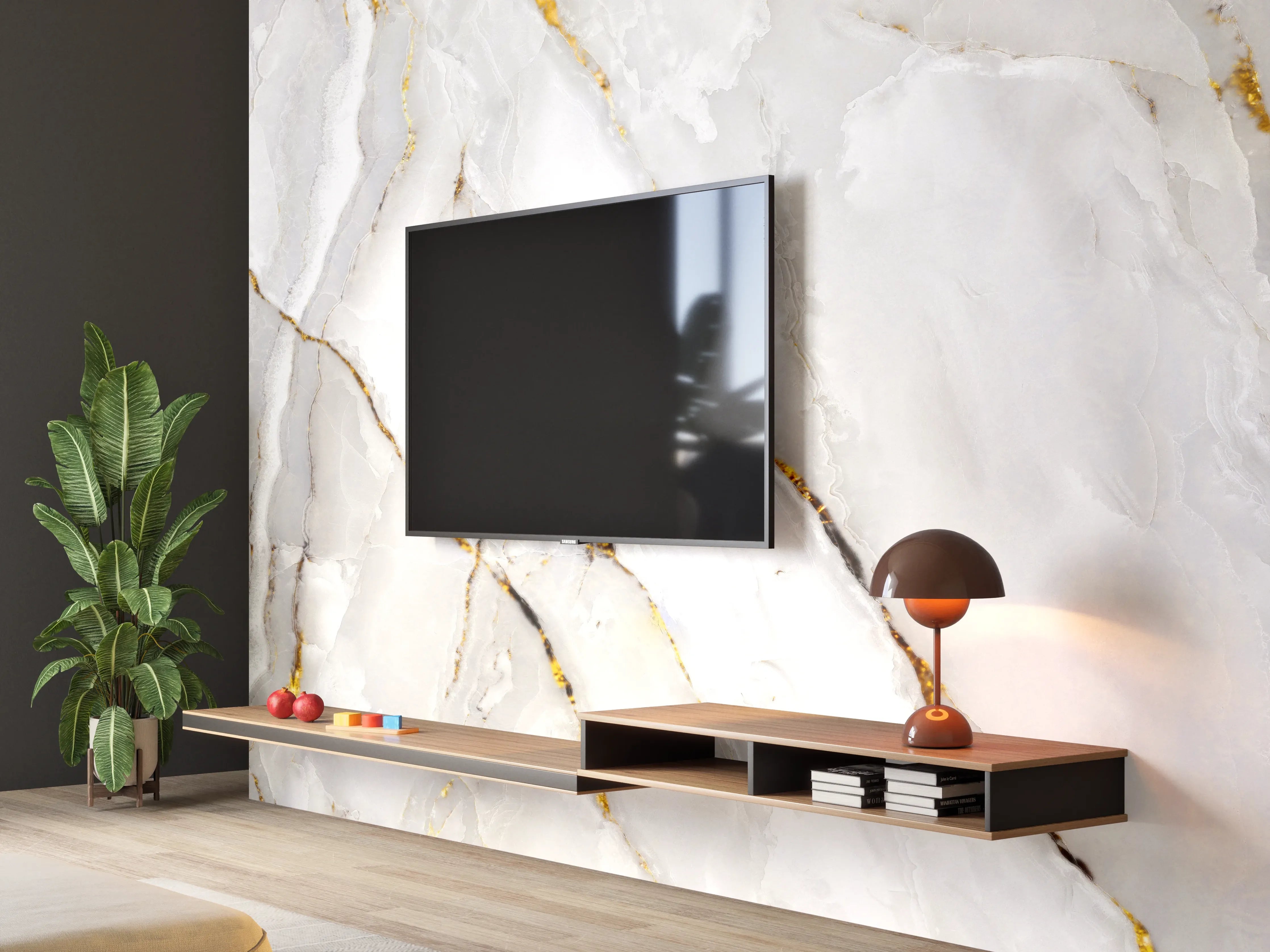 Wandverkleidung Wohnzimmer - Weißer Statuario-Marmor mit goldene Adern