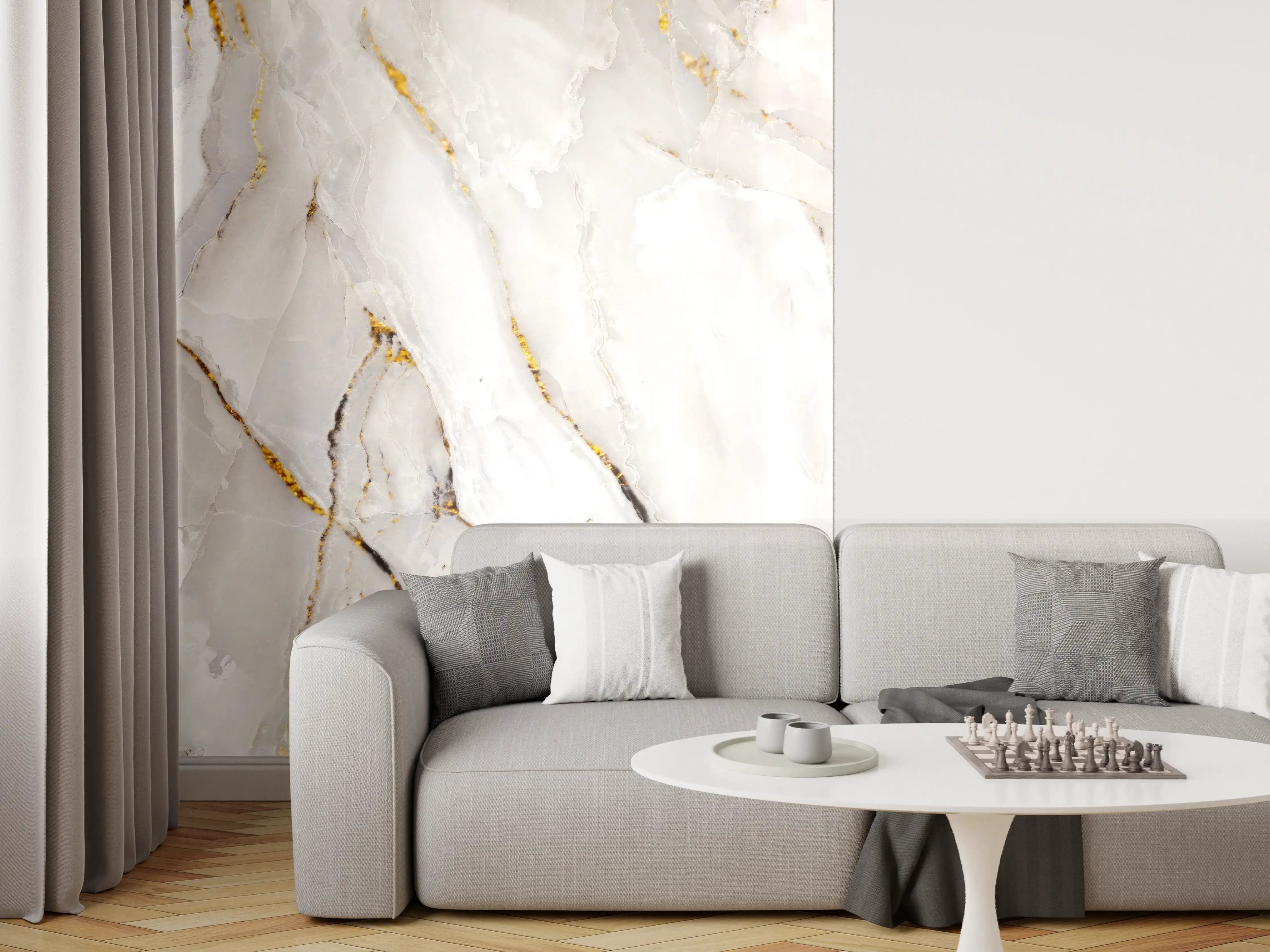 Wandverkleidung Wohnzimmer - Weißer Statuario-Marmor mit goldene Adern