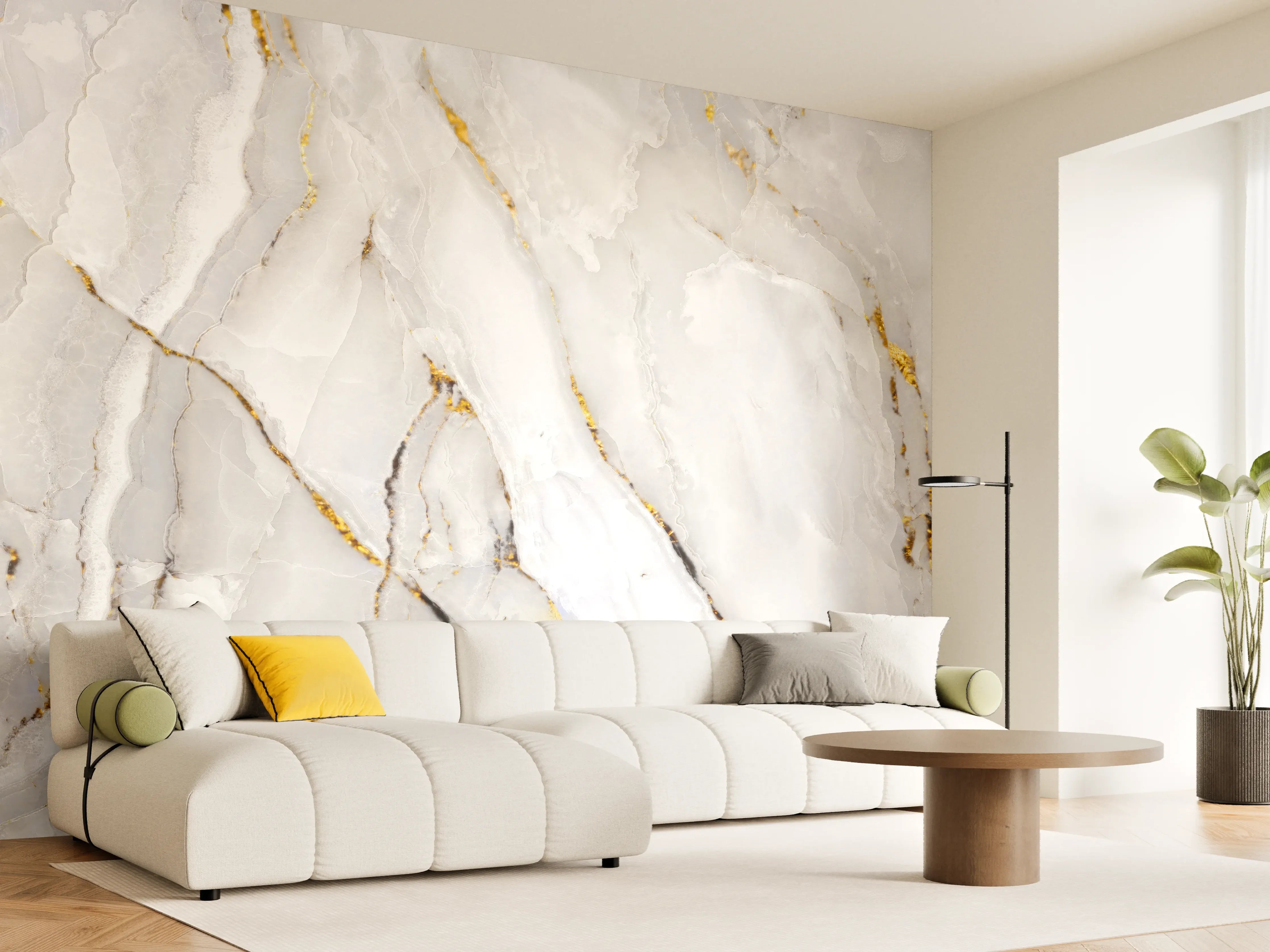 Wandverkleidung Wohnzimmer - Weißer Statuario-Marmor mit goldene Adern