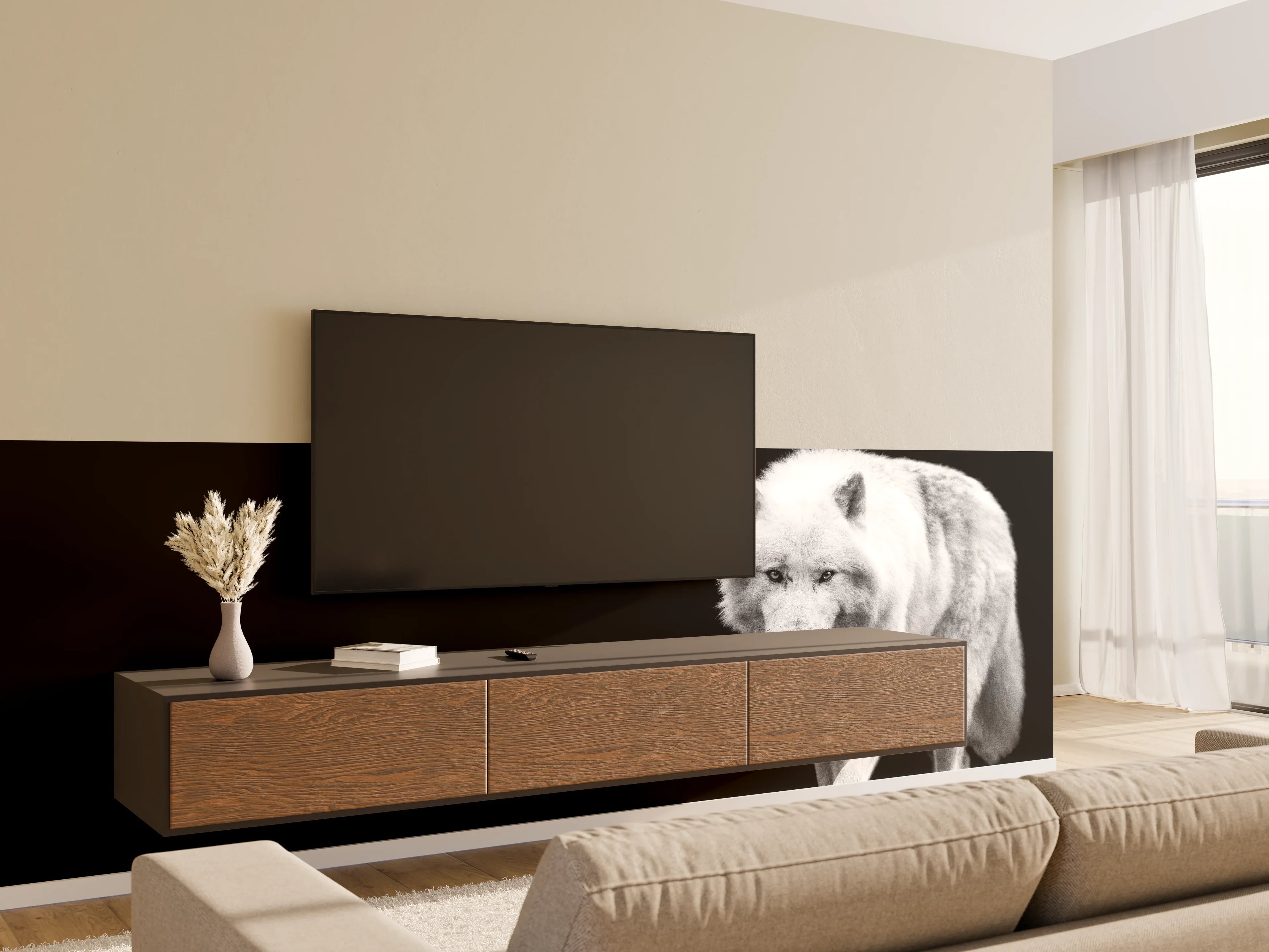 Wandverkleidung Wohnzimmer - Weißer Wolf mit schwarzem Hintergrund