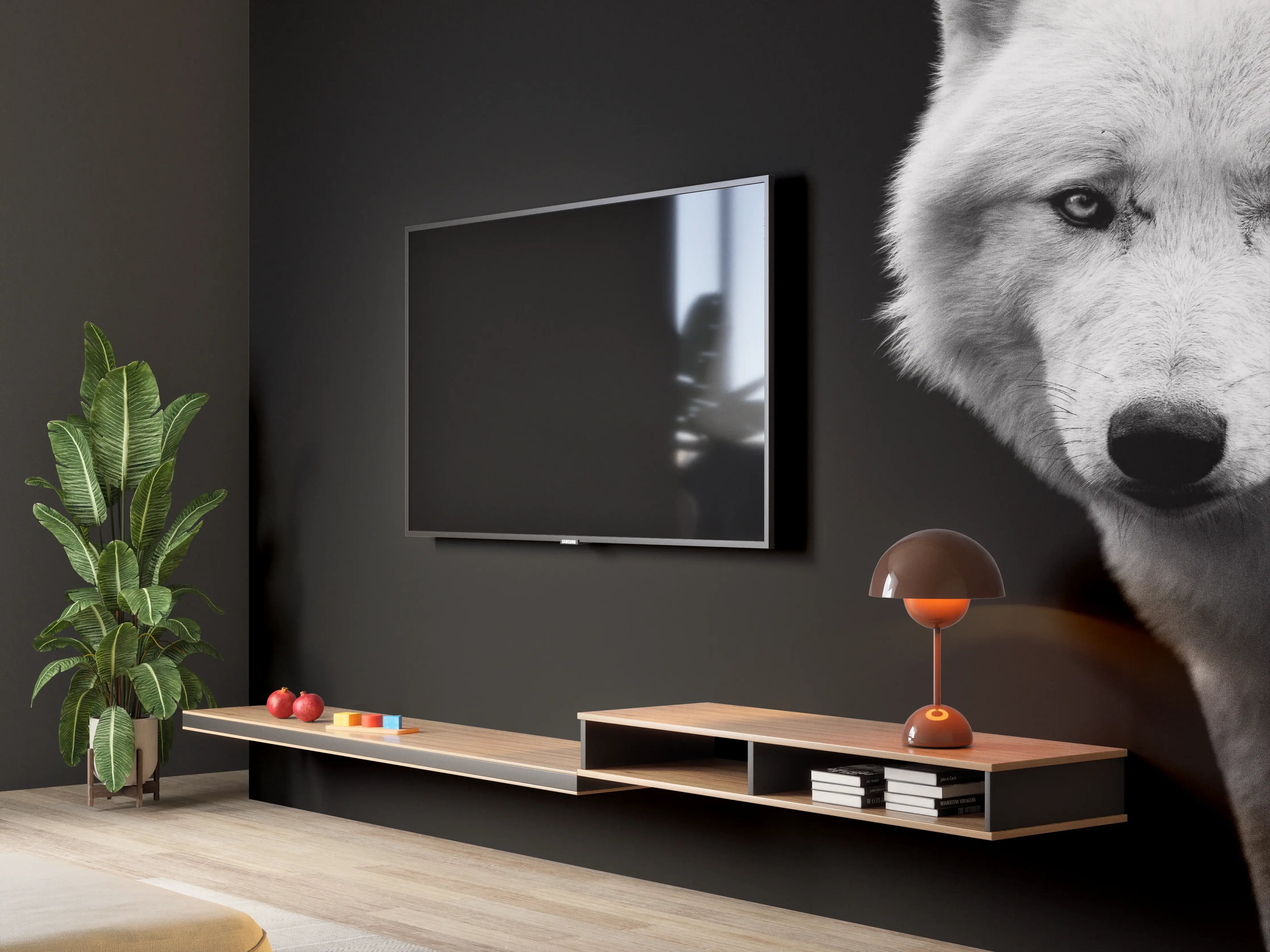Wandverkleidung Wohnzimmer - Weißer Wolf mit schwarzem Hintergrund