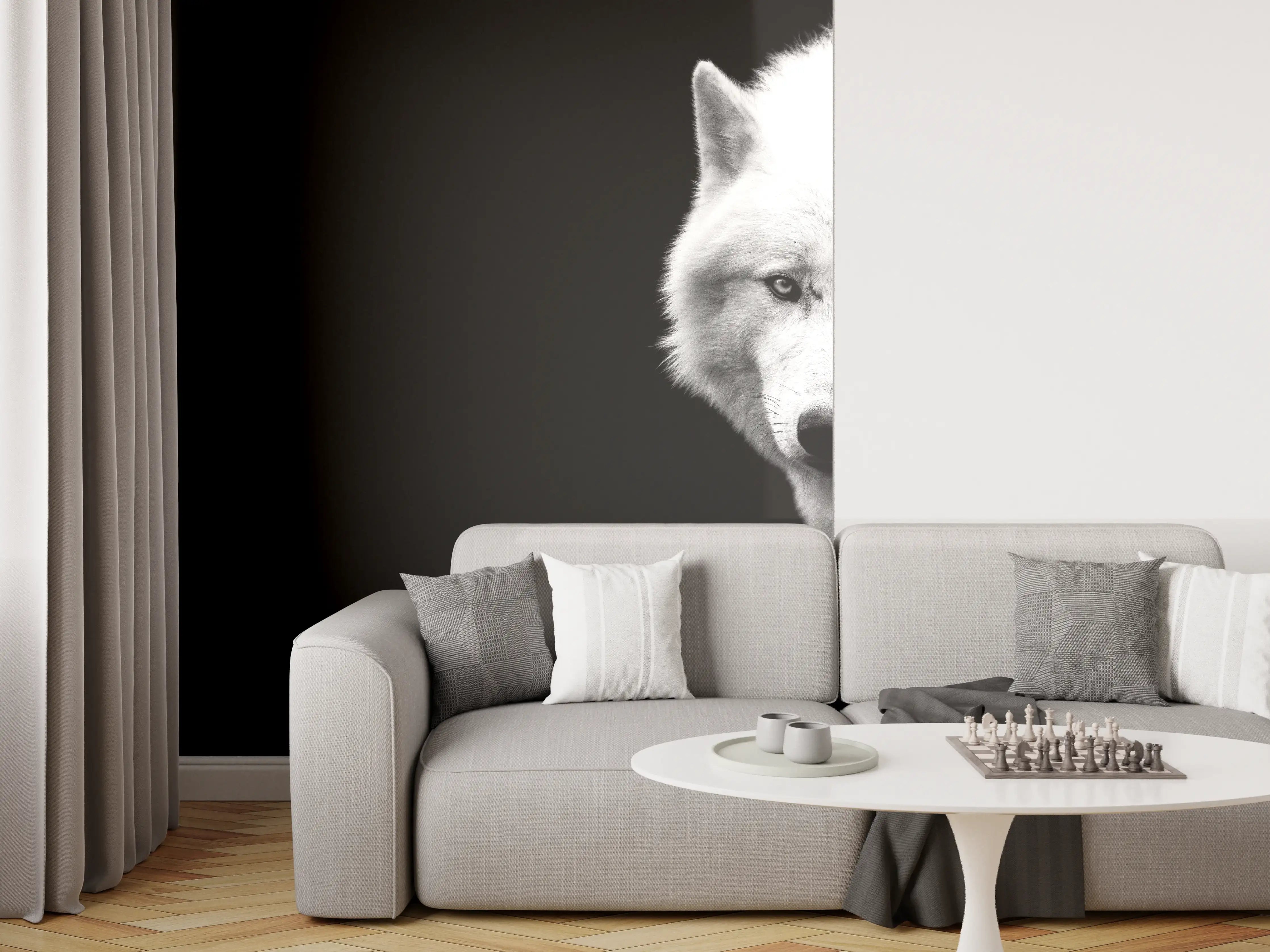 Wandverkleidung Wohnzimmer - Weißer Wolf mit schwarzem Hintergrund