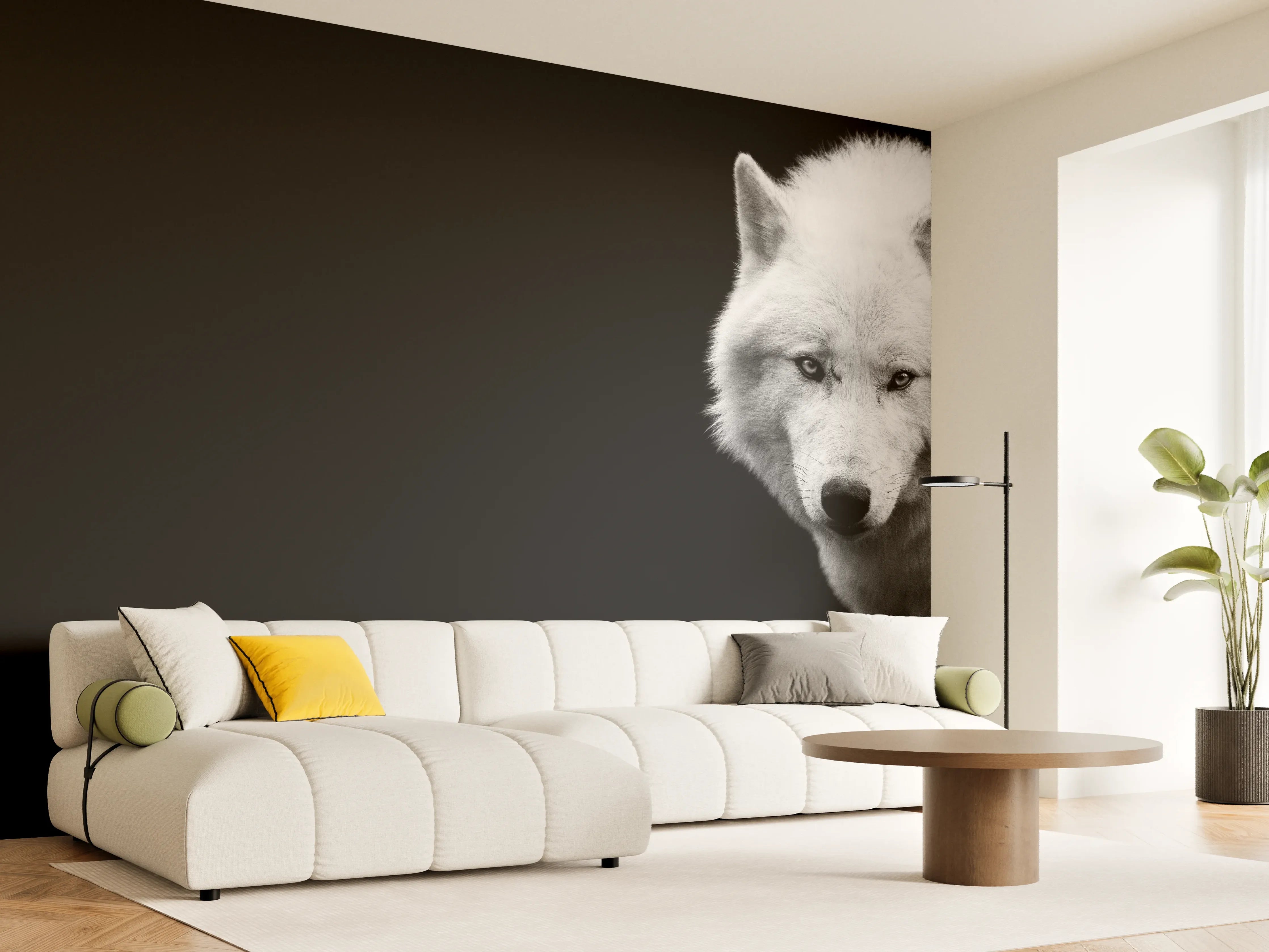 Wandverkleidung Wohnzimmer - Weißer Wolf mit schwarzem Hintergrund