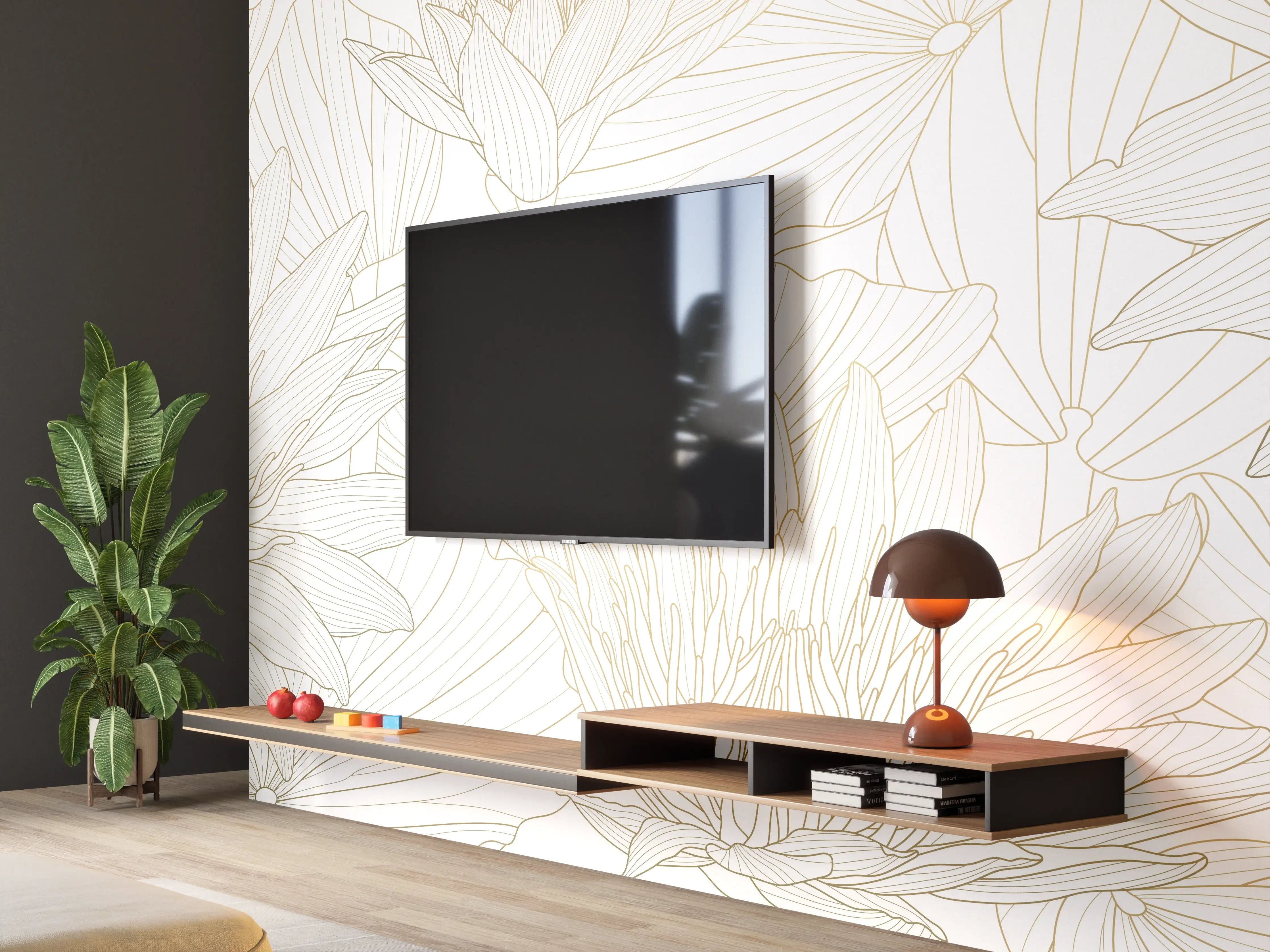 Wandverkleidung Wohnzimmer - Weißes Floral-Linien Kunstwerk
