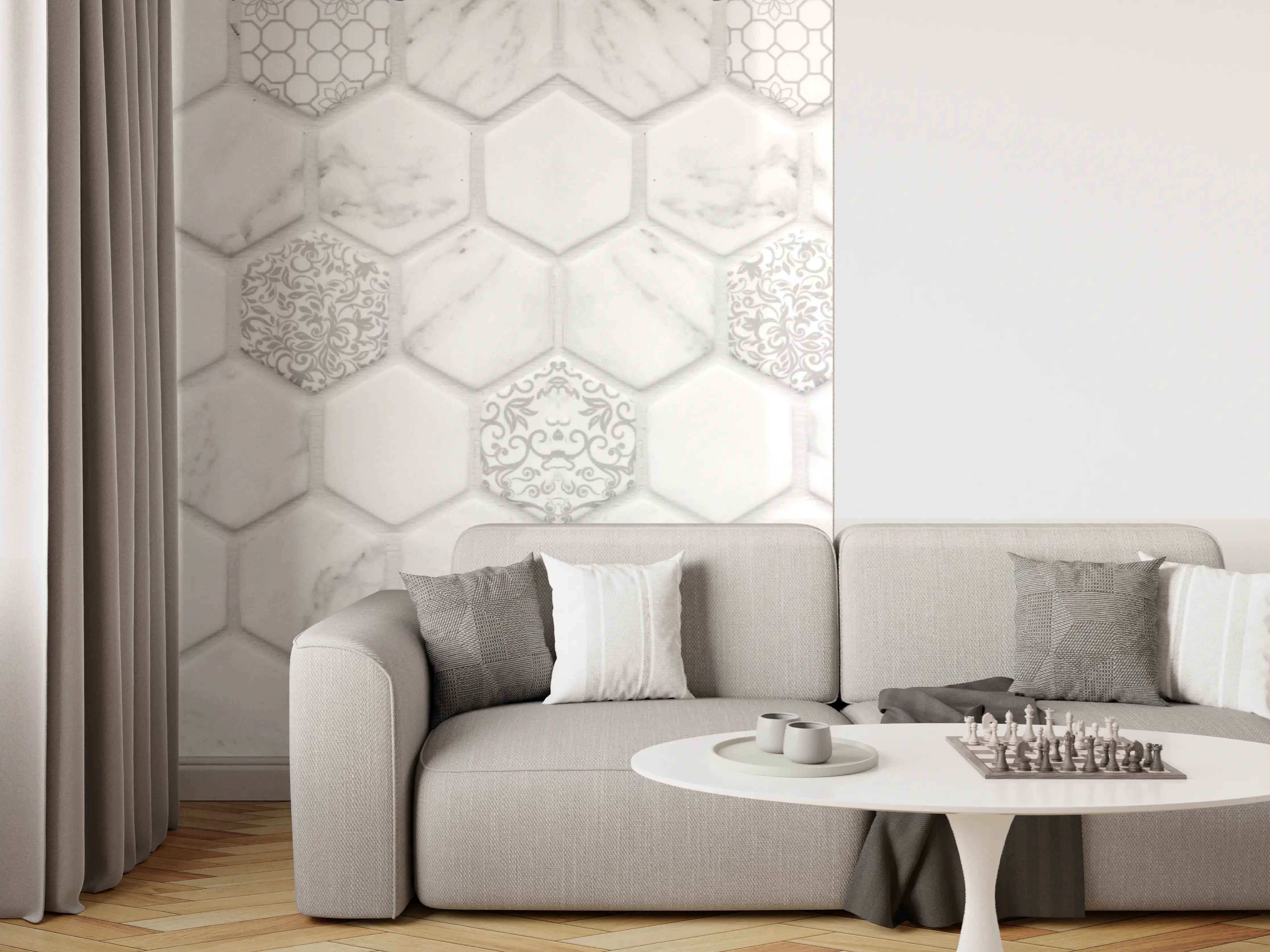 Wandverkleidung Wohnzimmer - Weißes Hexagon-Marmor-Mosaik
