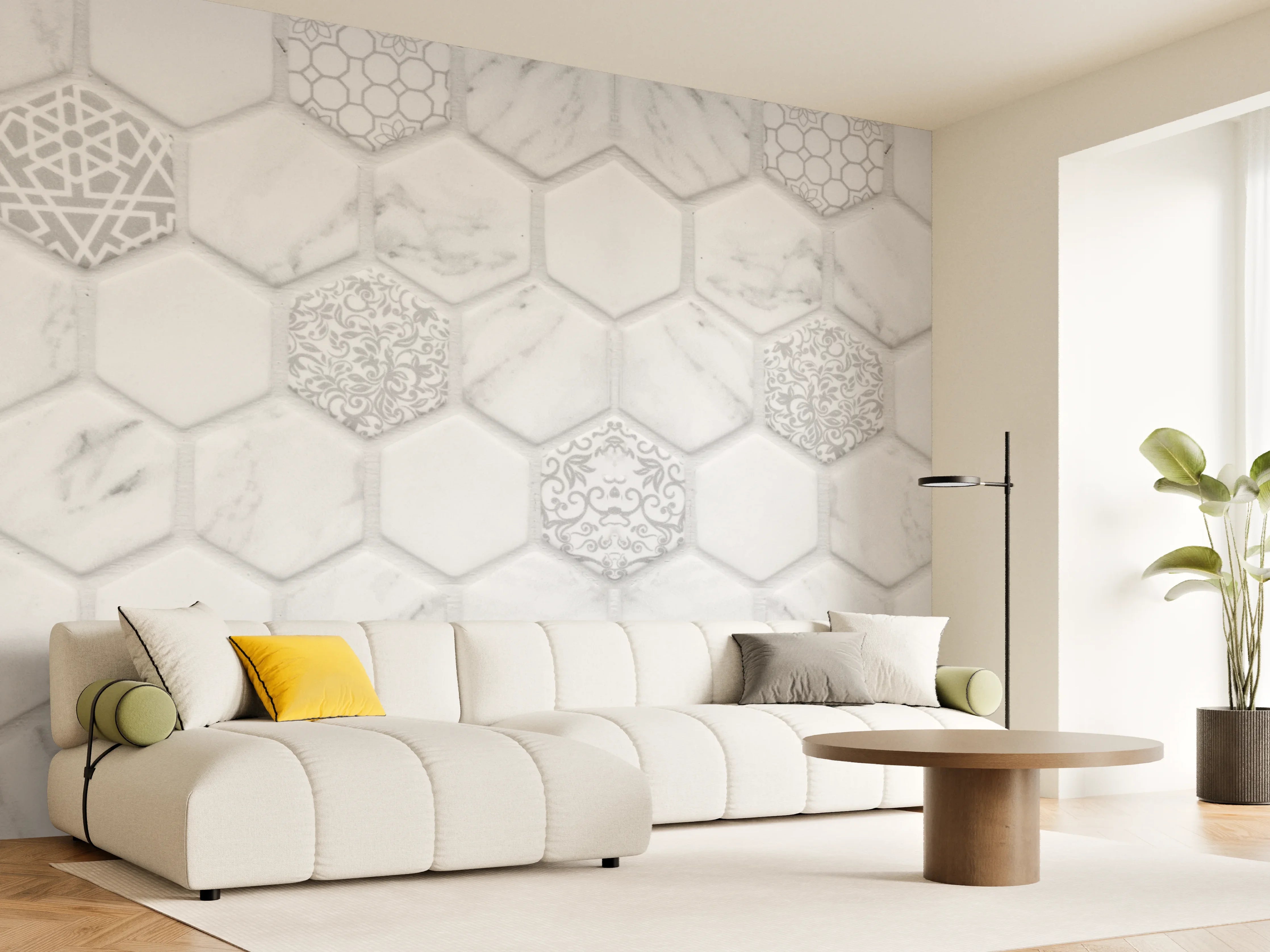 Wandverkleidung Wohnzimmer - Weißes Hexagon-Marmor-Mosaik