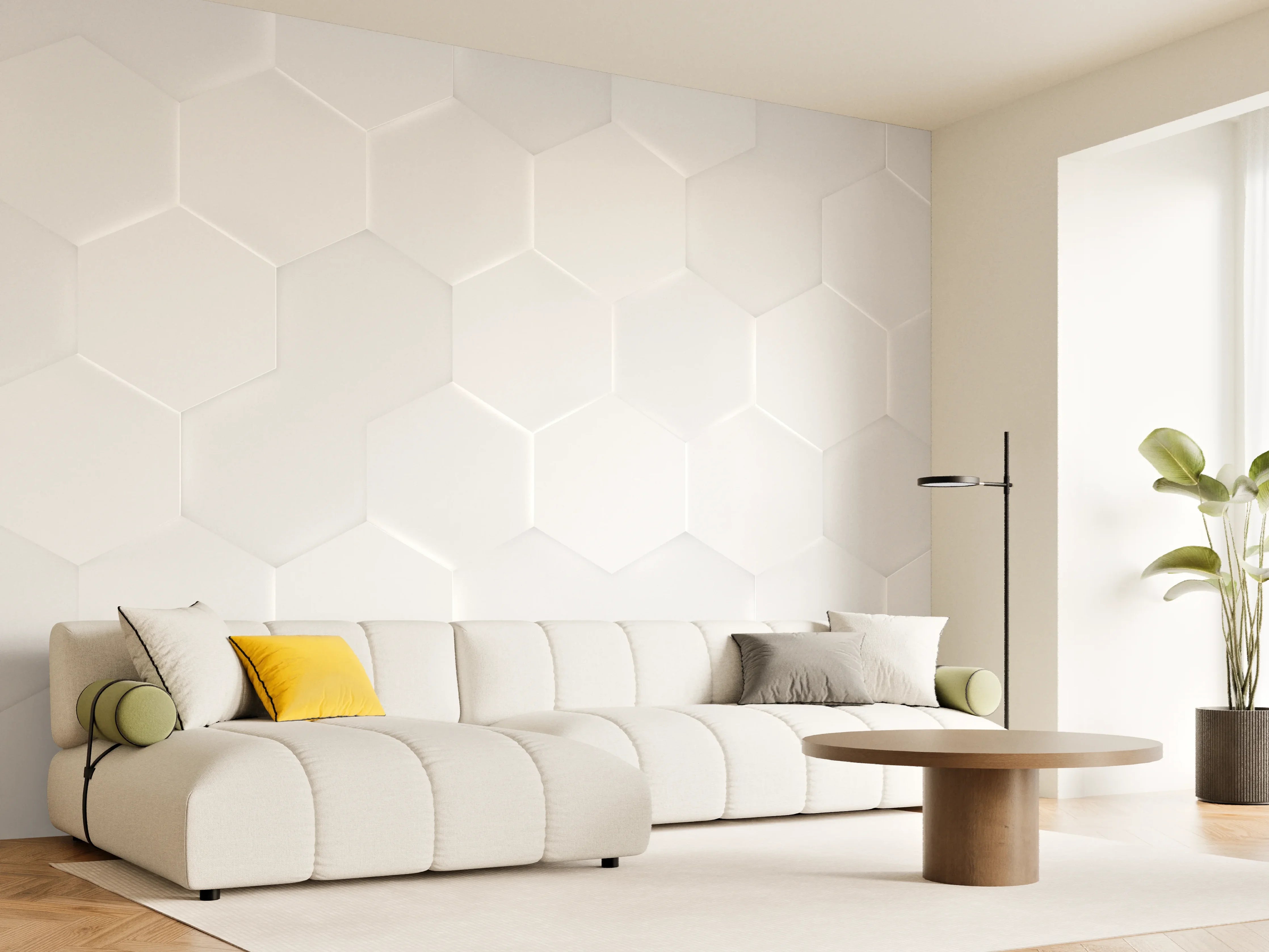 Wandverkleidung Wohnzimmer - Weißes Hexagon-Muster