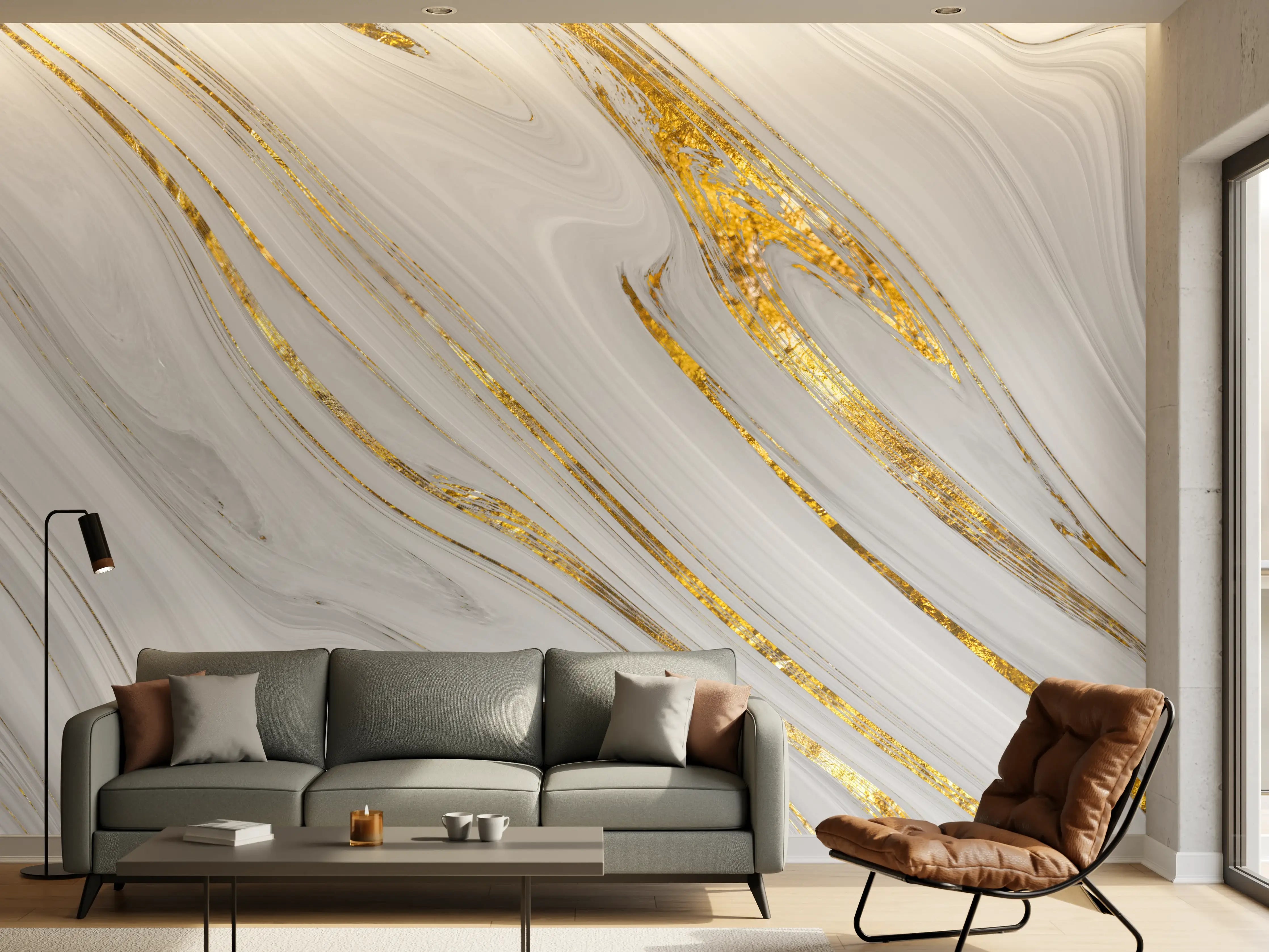 Wandverkleidung Wohnzimmer - Weißes Marmor Muster mit goldenen Adern