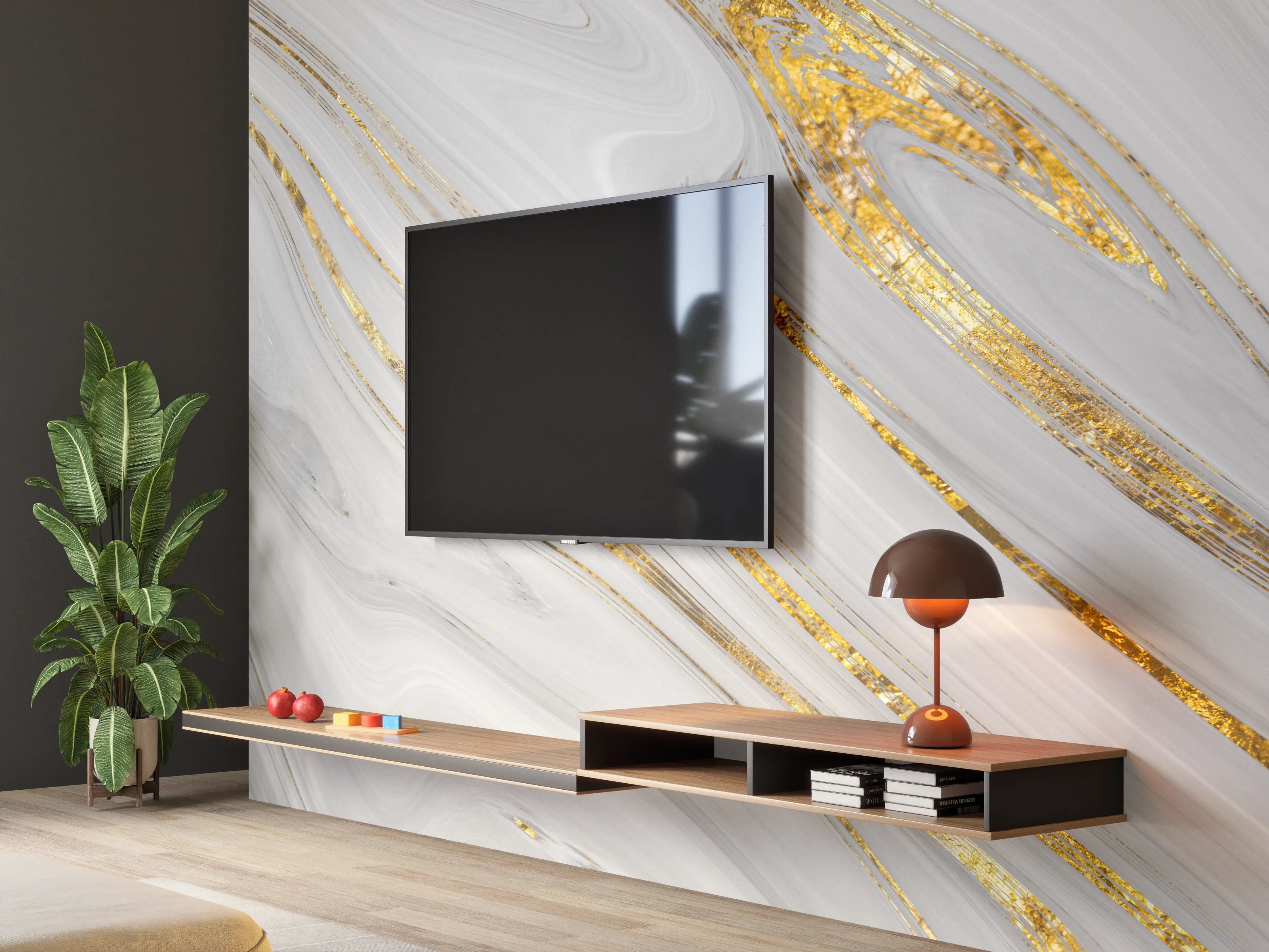 Wandverkleidung Wohnzimmer - Weißes Marmor Muster mit goldenen Adern