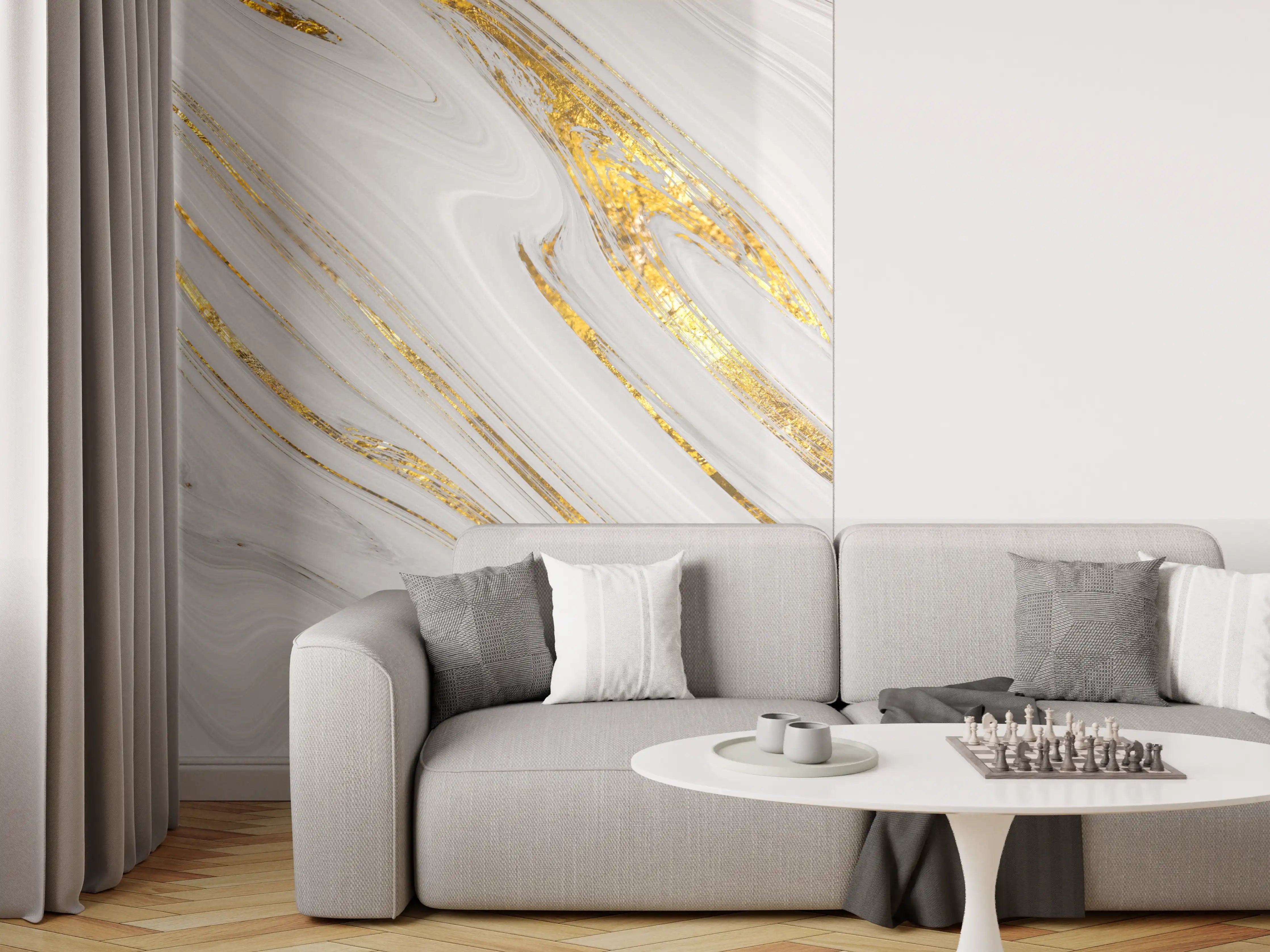 Wandverkleidung Wohnzimmer - Weißes Marmor Muster mit goldenen Adern