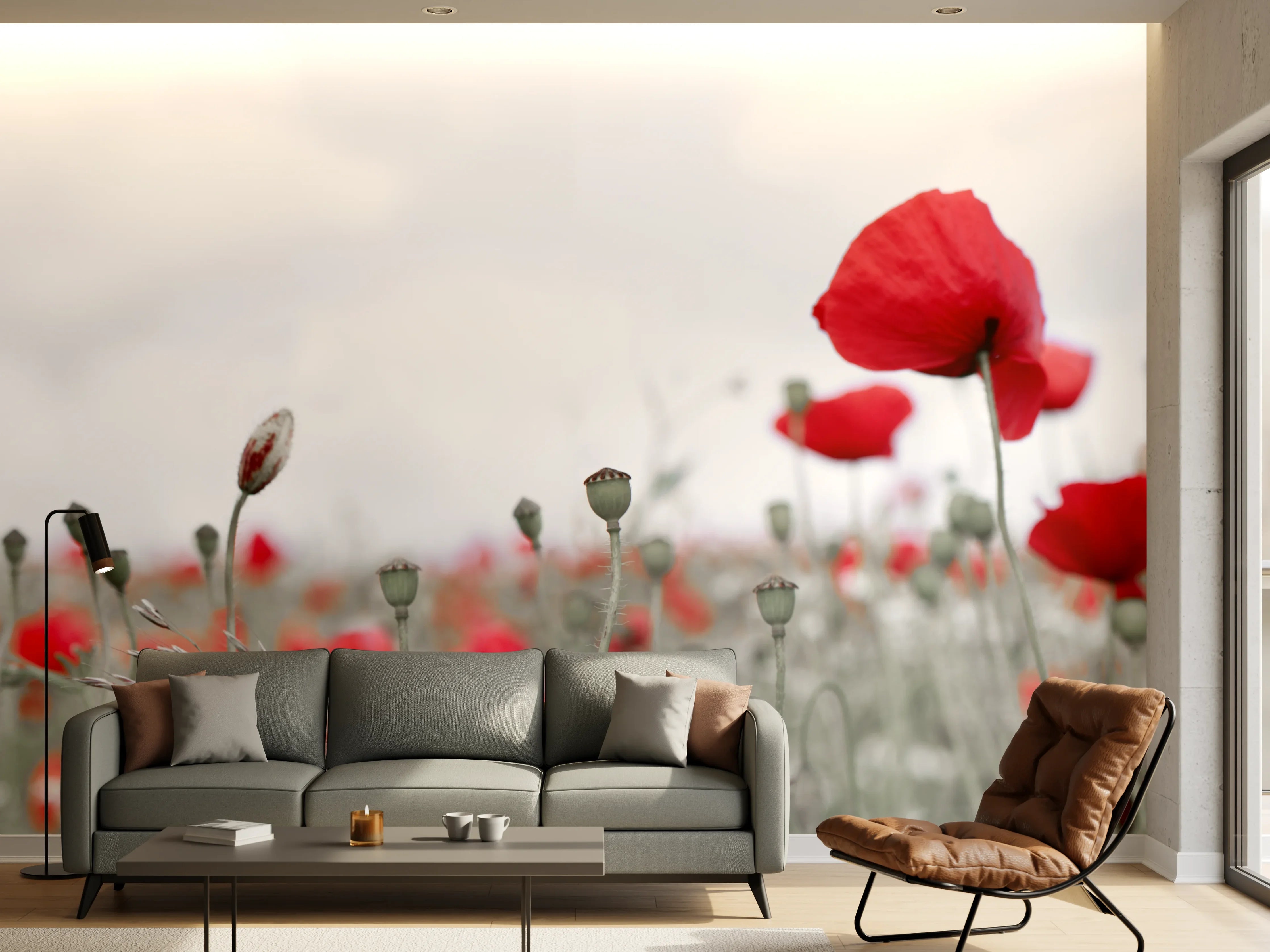 Wandverkleidung Wohnzimmer - Weites rotes Mohnfeld Panorama