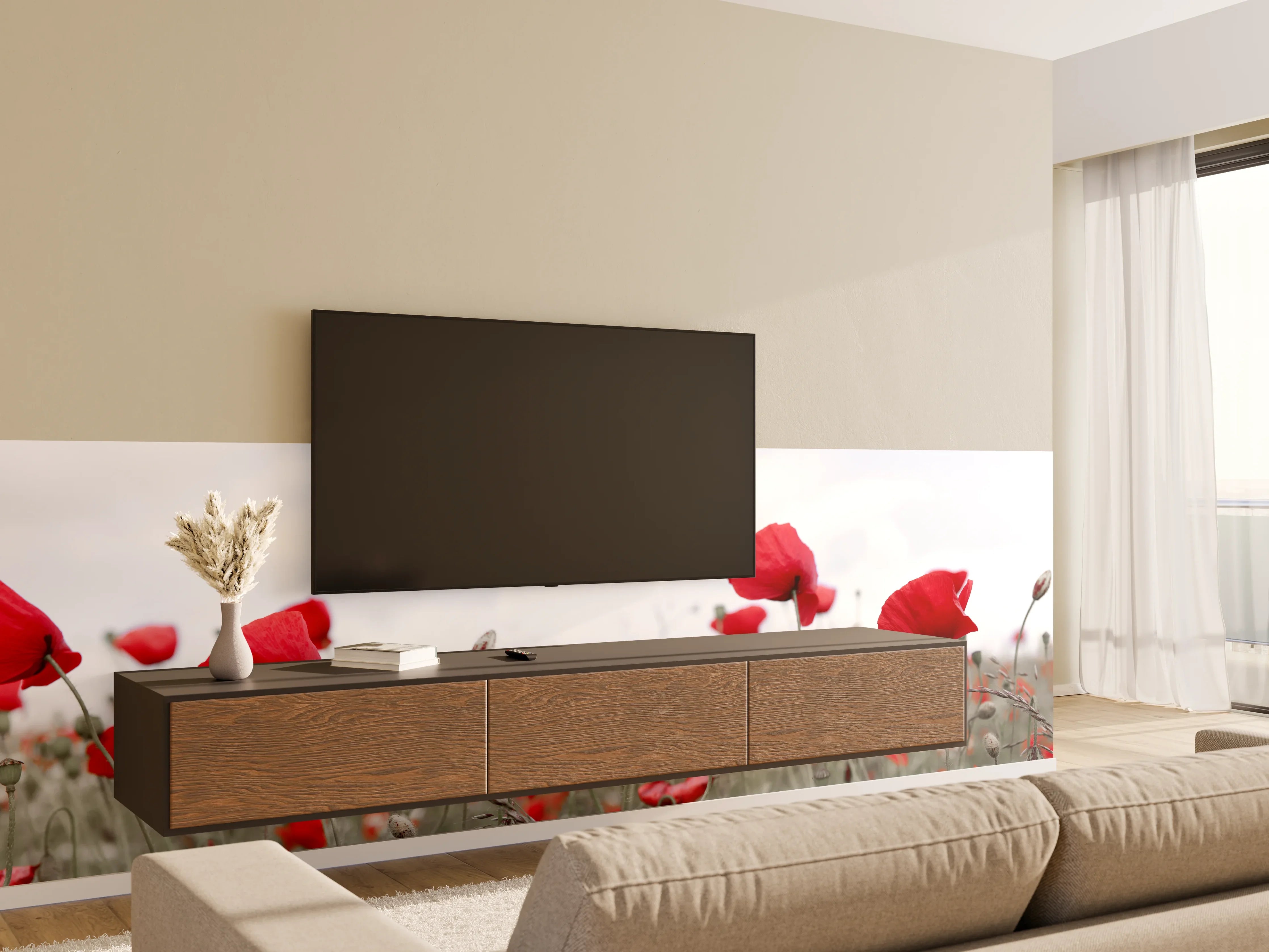 Wandverkleidung Wohnzimmer - Weites rotes Mohnfeld Panorama