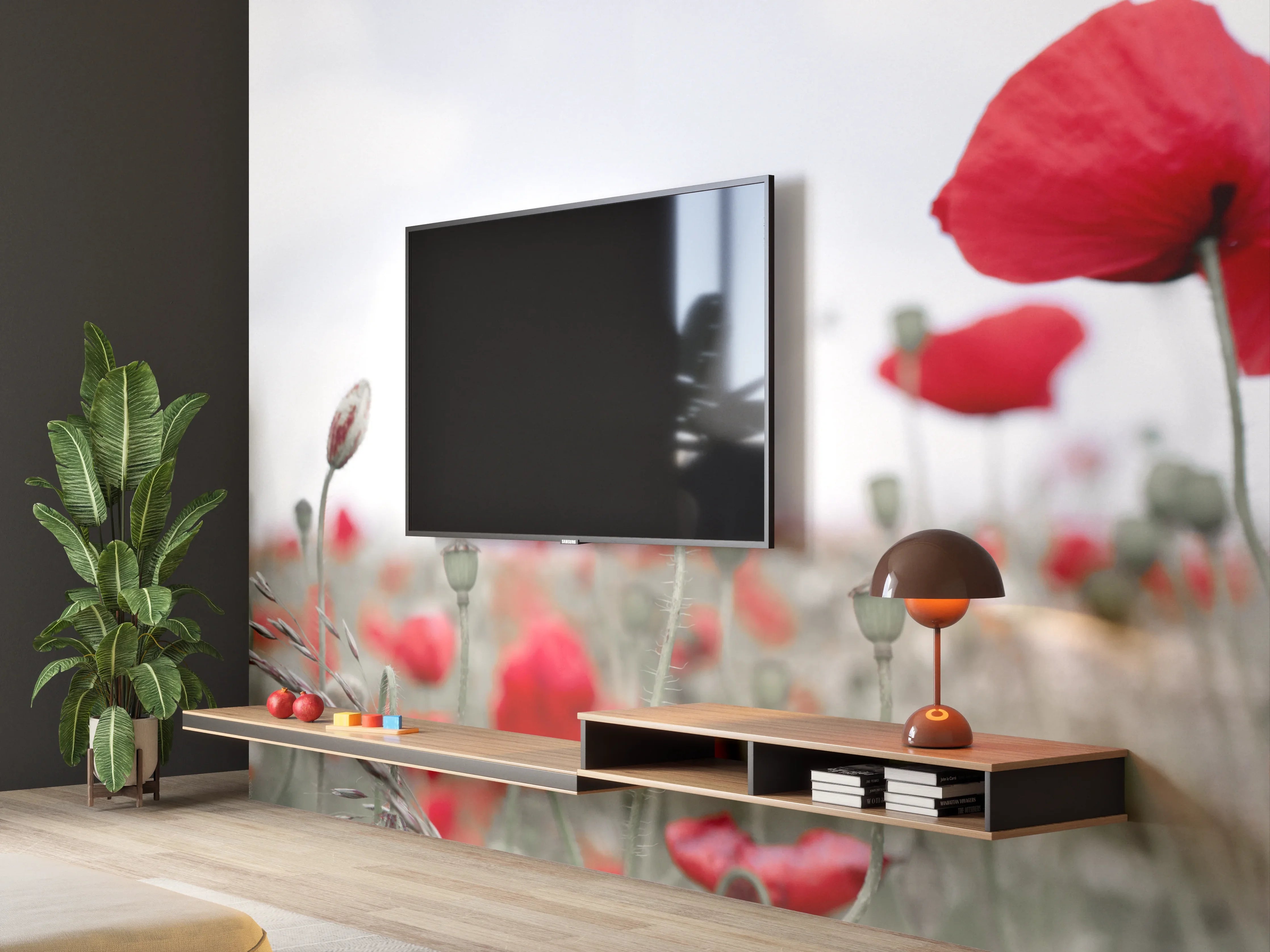 Wandverkleidung Wohnzimmer - Weites rotes Mohnfeld Panorama