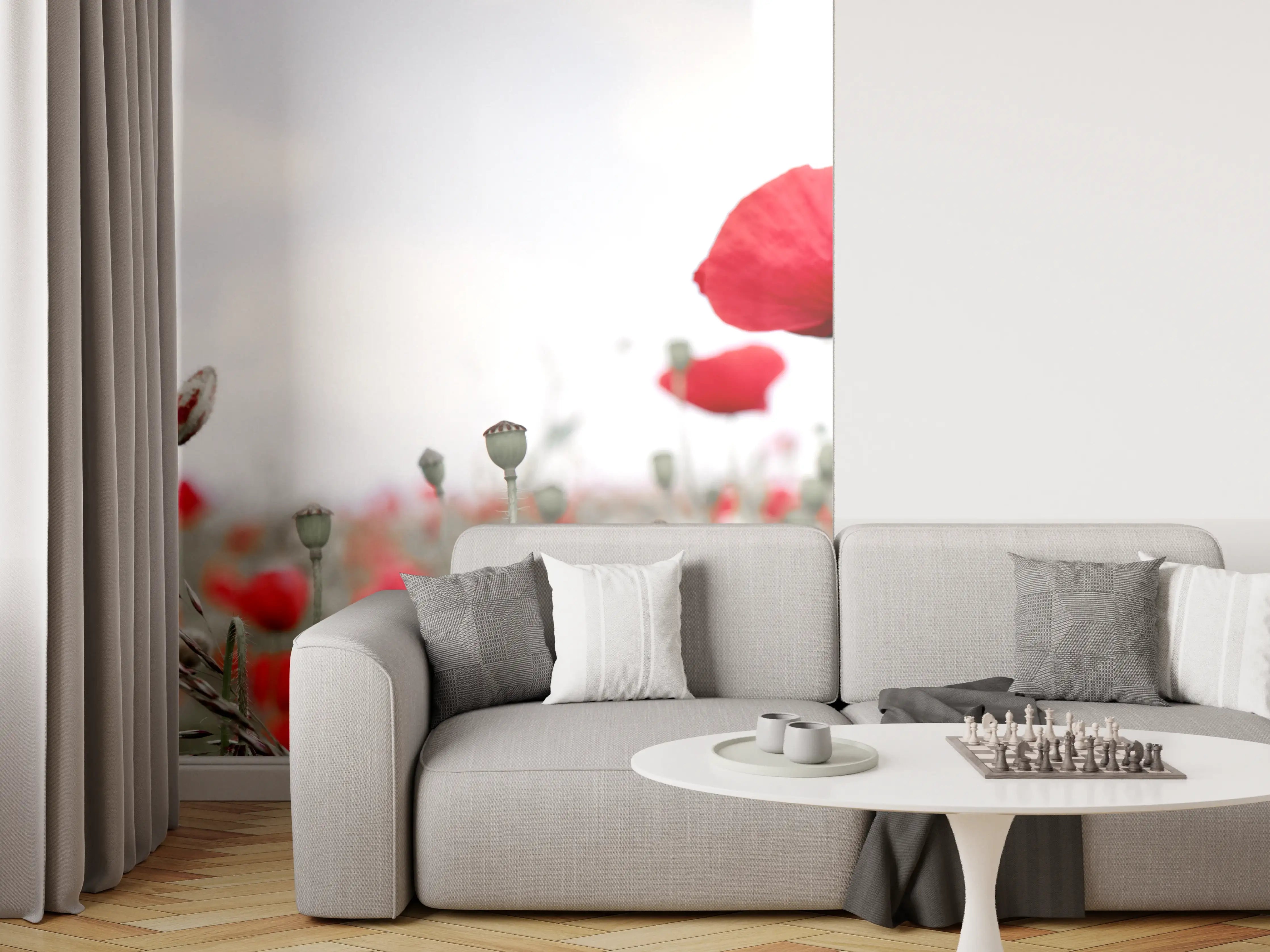 Wandverkleidung Wohnzimmer - Weites rotes Mohnfeld Panorama