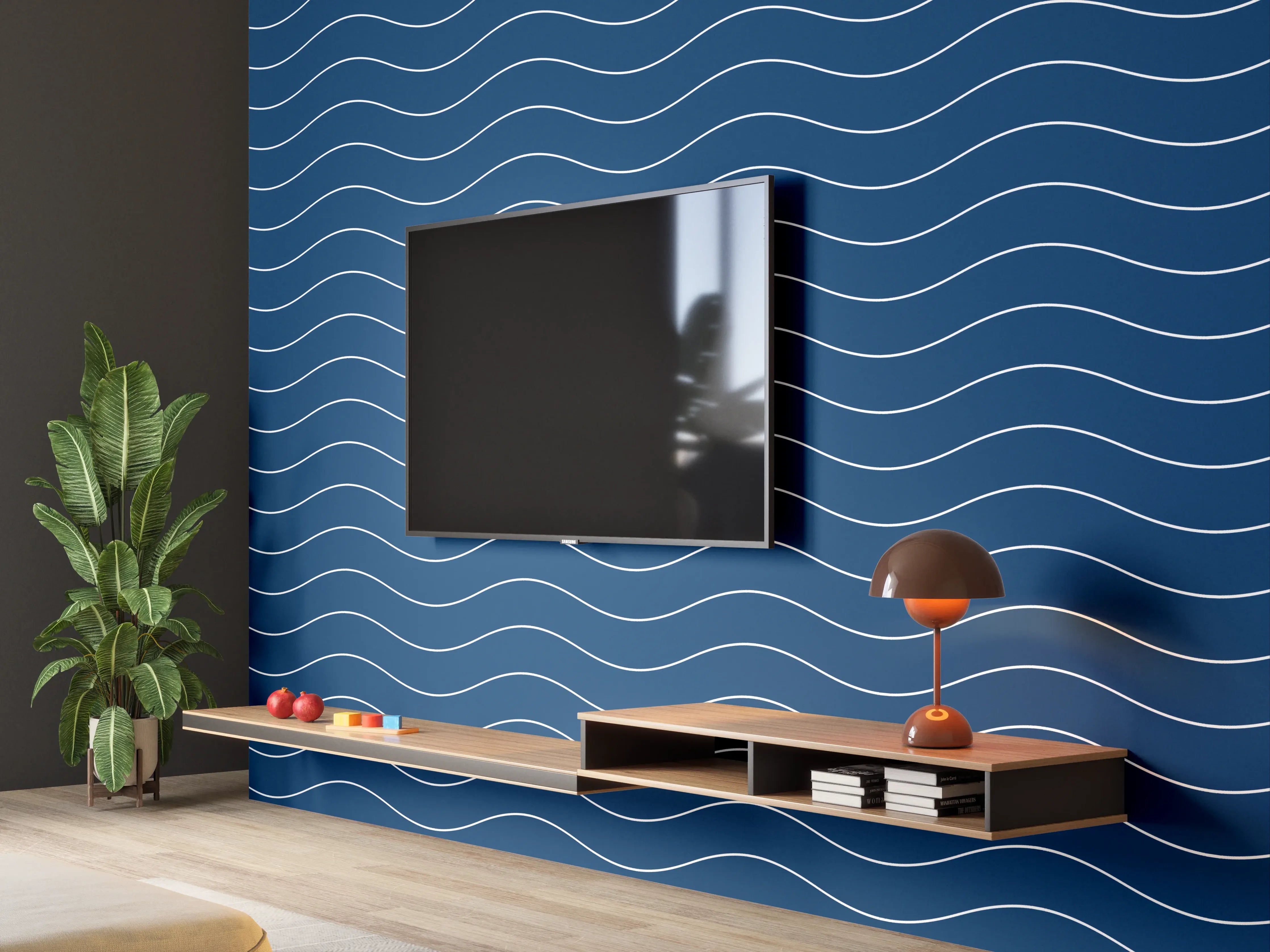 Wandverkleidung Wohnzimmer - Wellenmuster in Blau - Moderne Wanddekoration