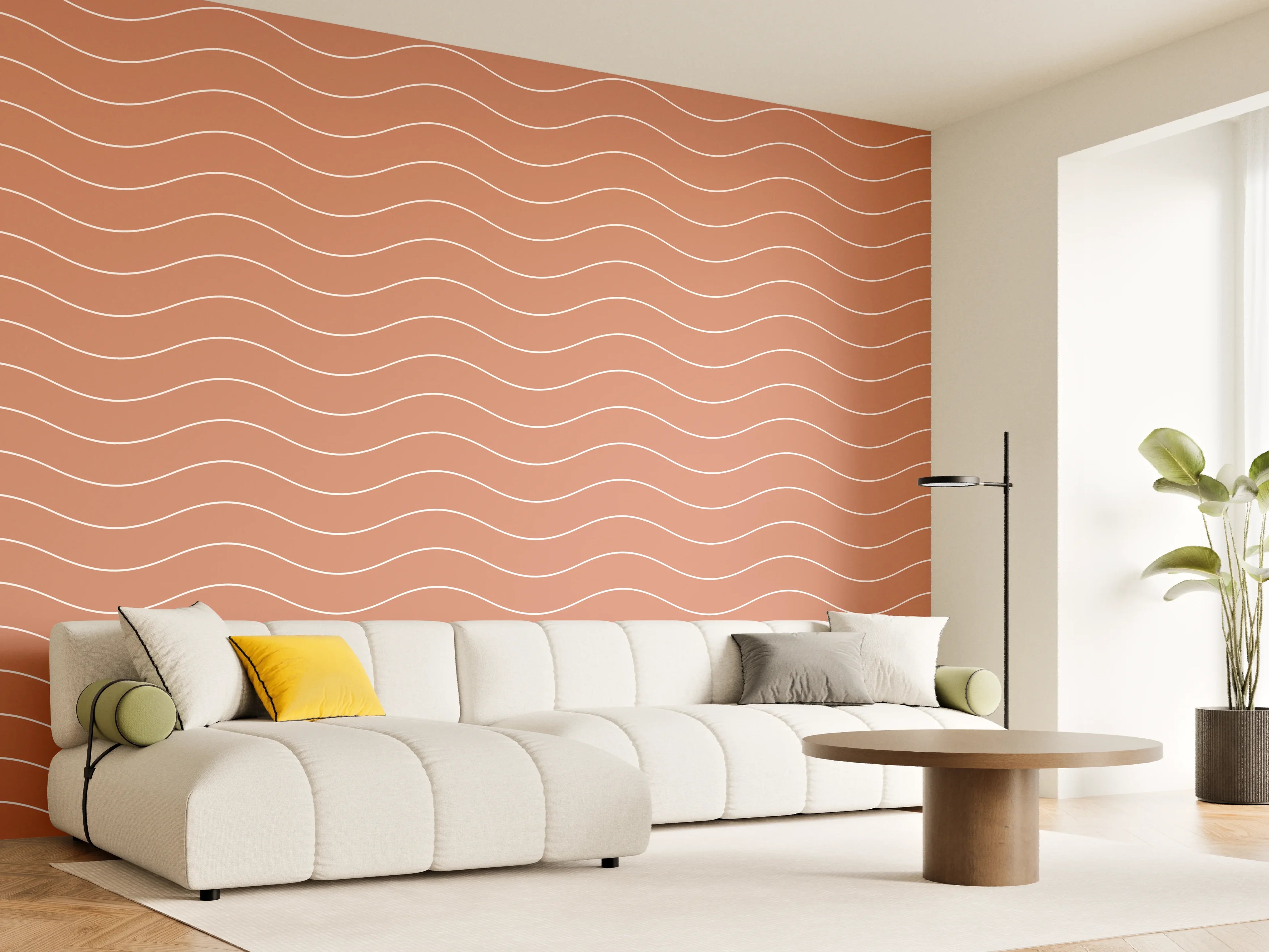 Wandverkleidung Wohnzimmer - Wellenmuster in warmen Braun- und Beigetönen