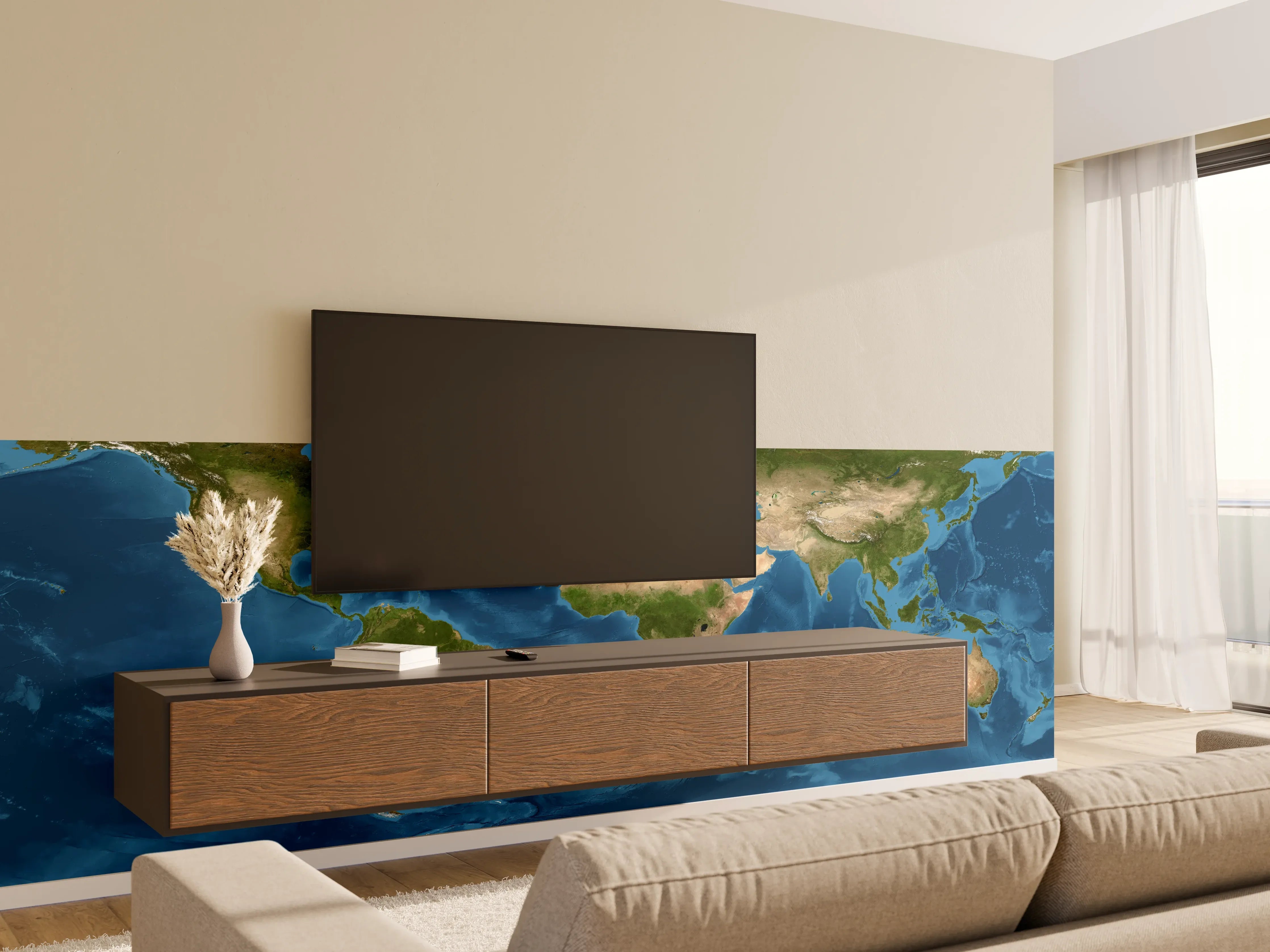 Wandverkleidung Wohnzimmer - Weltkarte farbig