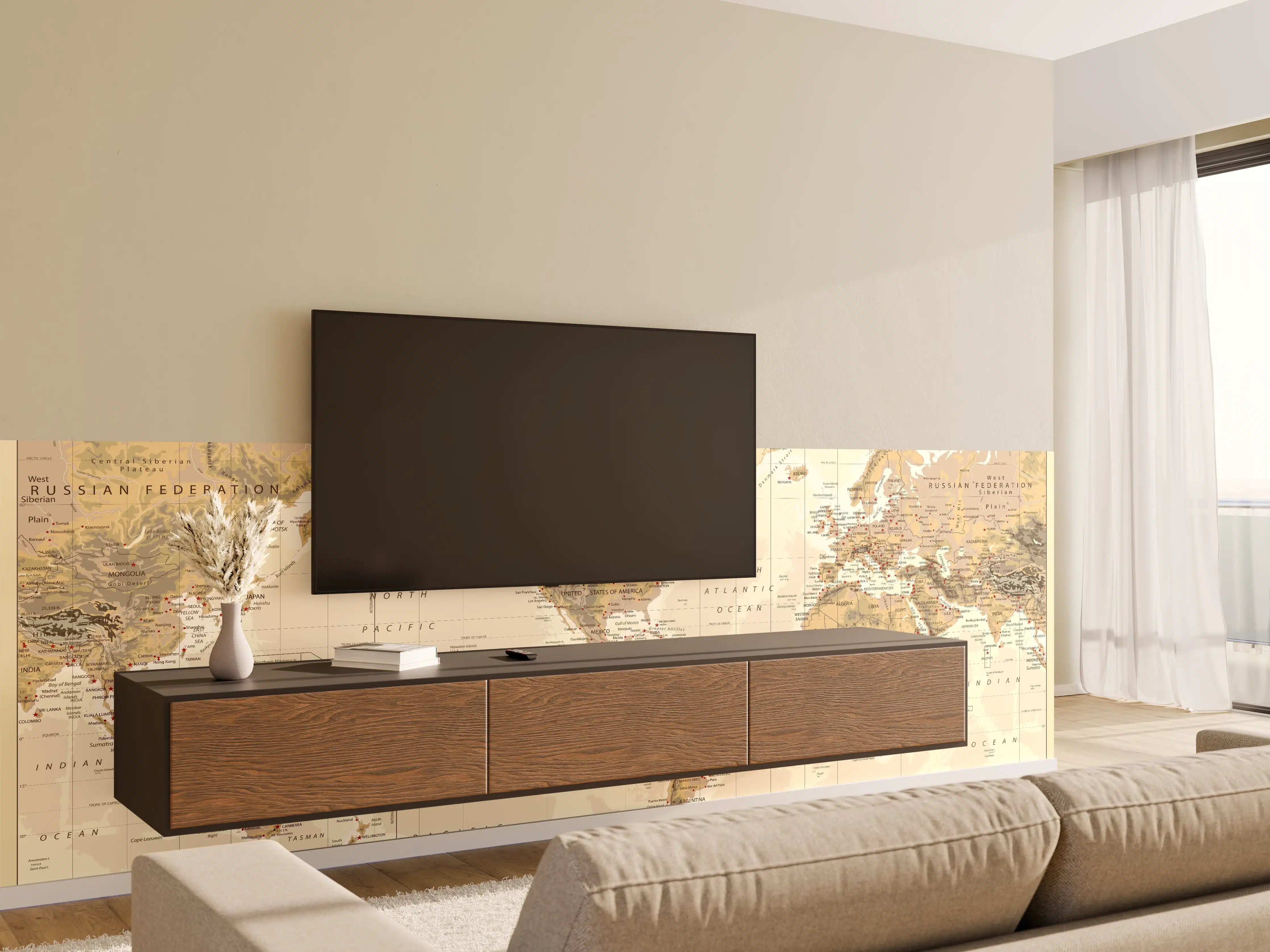 Wandverkleidung Wohnzimmer - Weltkarte in Vintage-Design mit Erdtönen