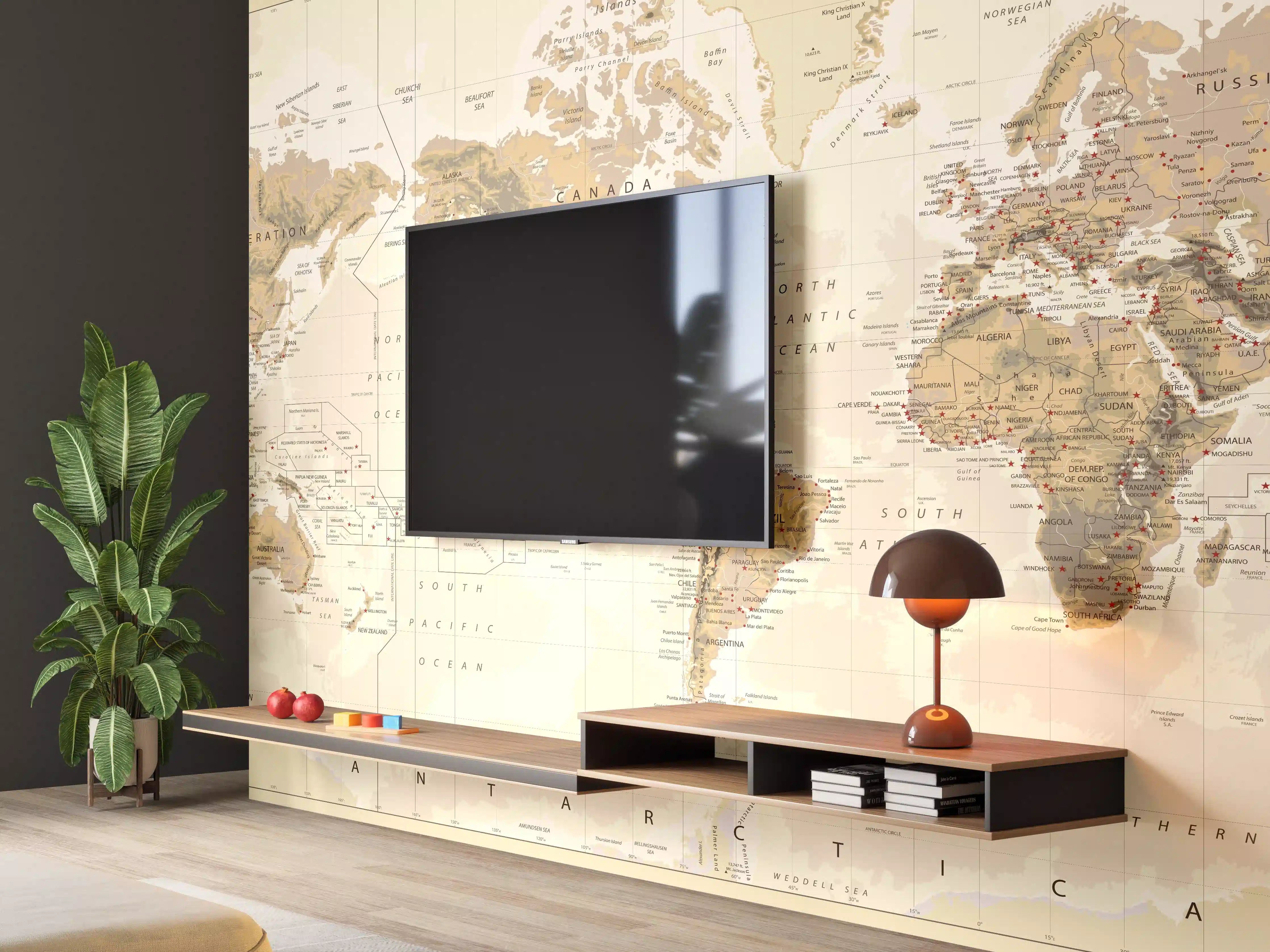 Wandverkleidung Wohnzimmer - Weltkarte in Vintage-Design mit Erdtönen