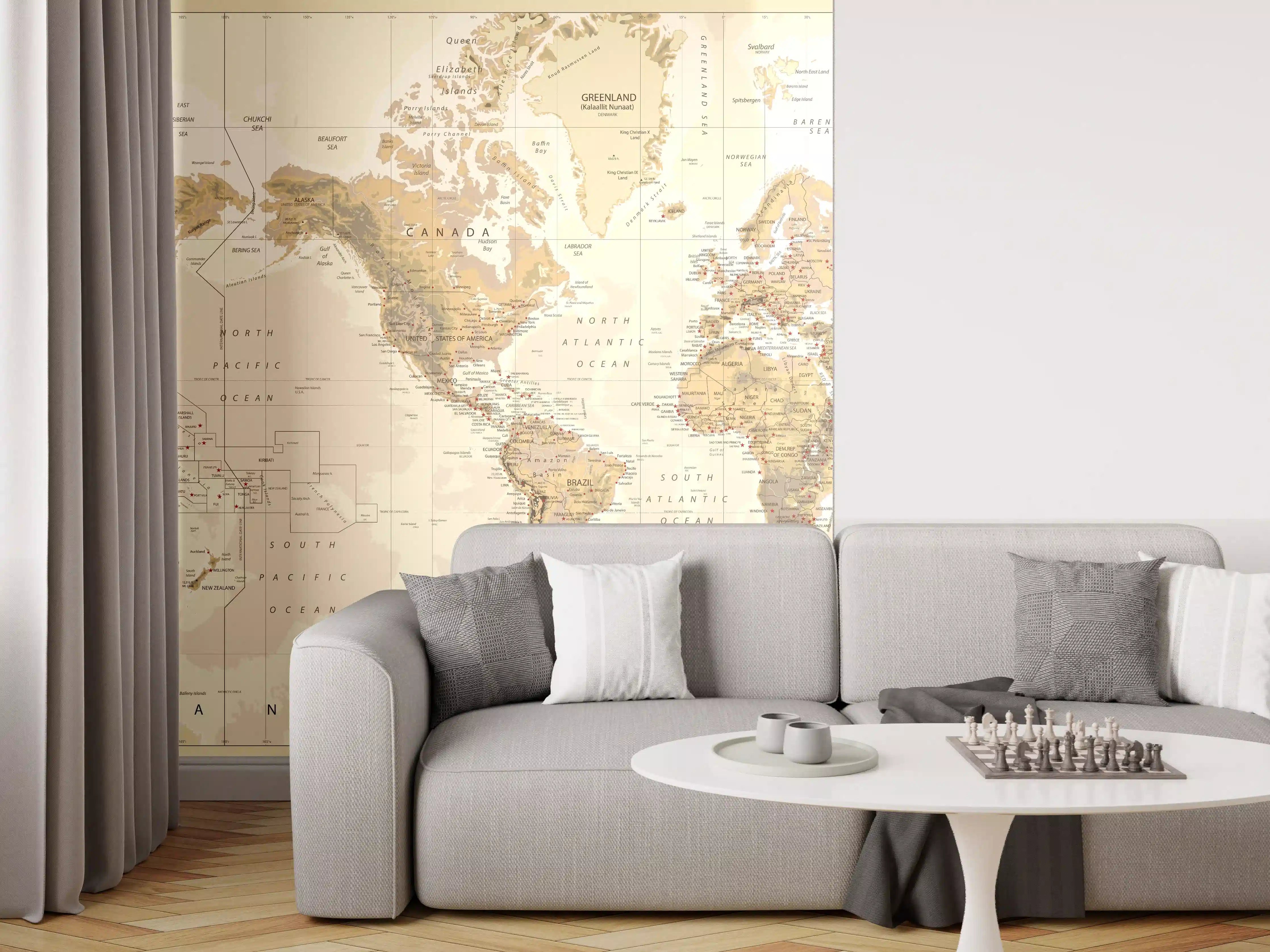 Wandverkleidung Wohnzimmer - Weltkarte in Vintage-Design mit Erdtönen
