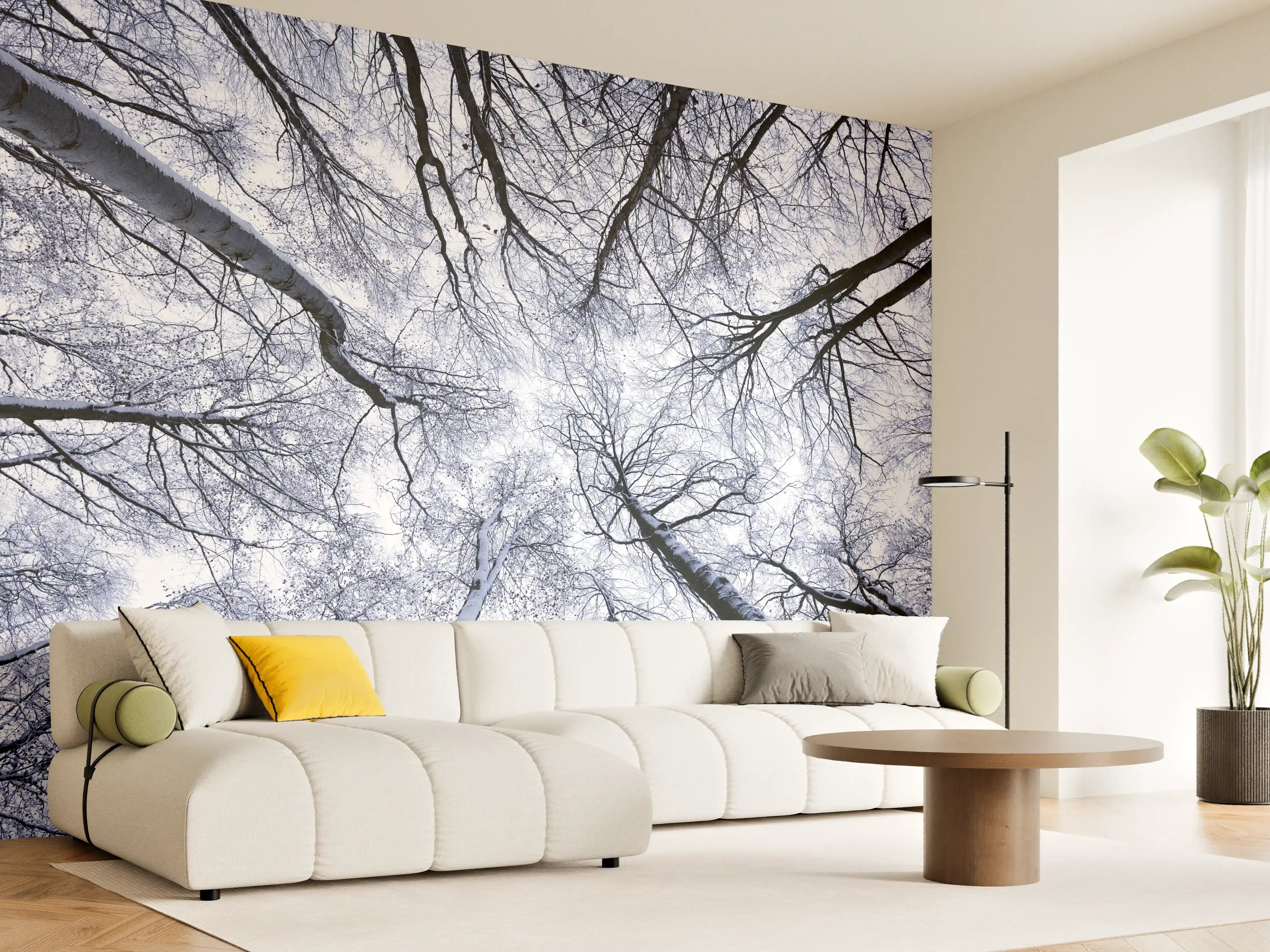 Wandverkleidung Wohnzimmer - Winterliche Baumkrone in Schneelandschaft
