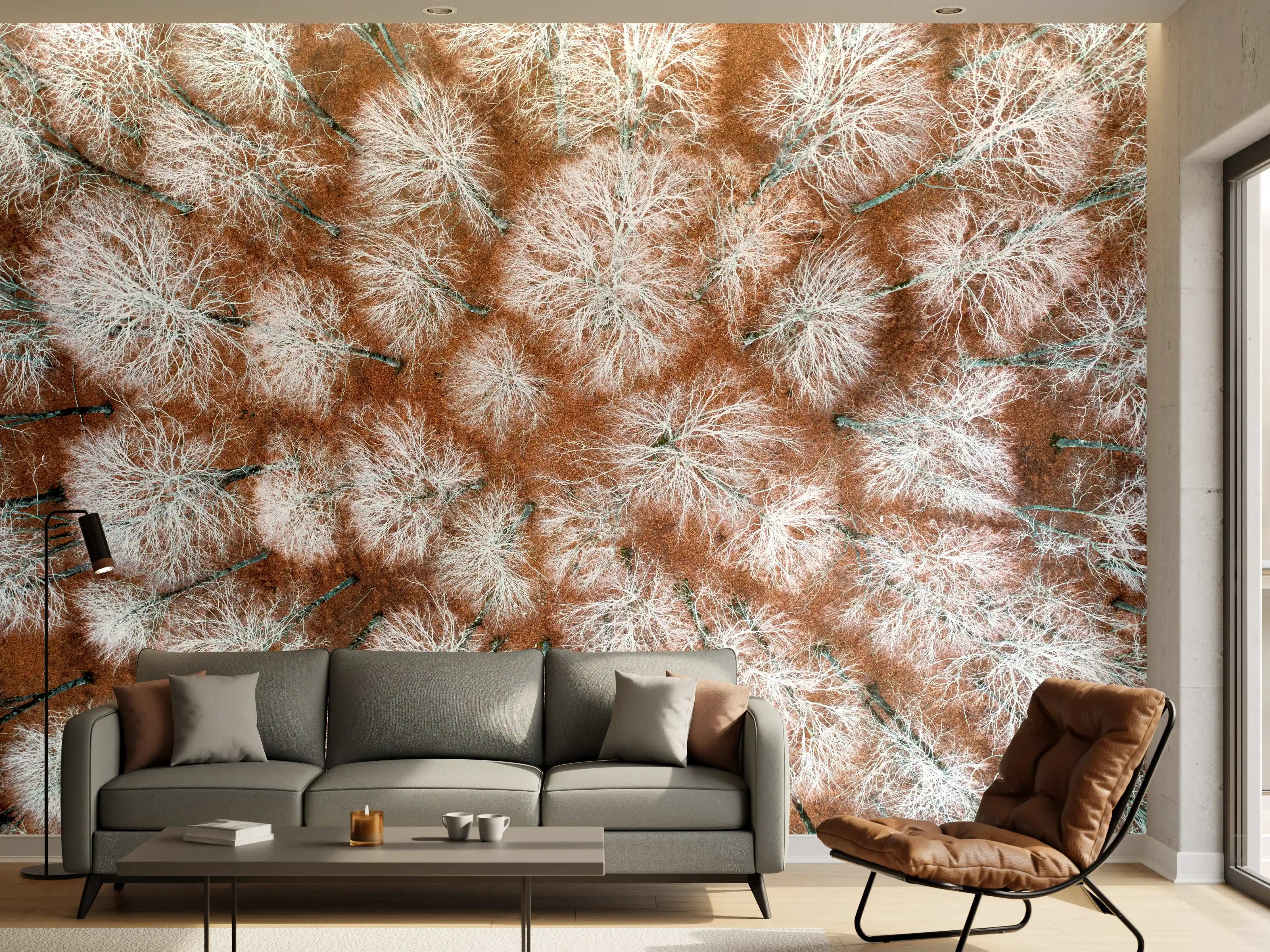 Wandverkleidung Wohnzimmer - Winterliche Baumlandschaft in Naturfarben