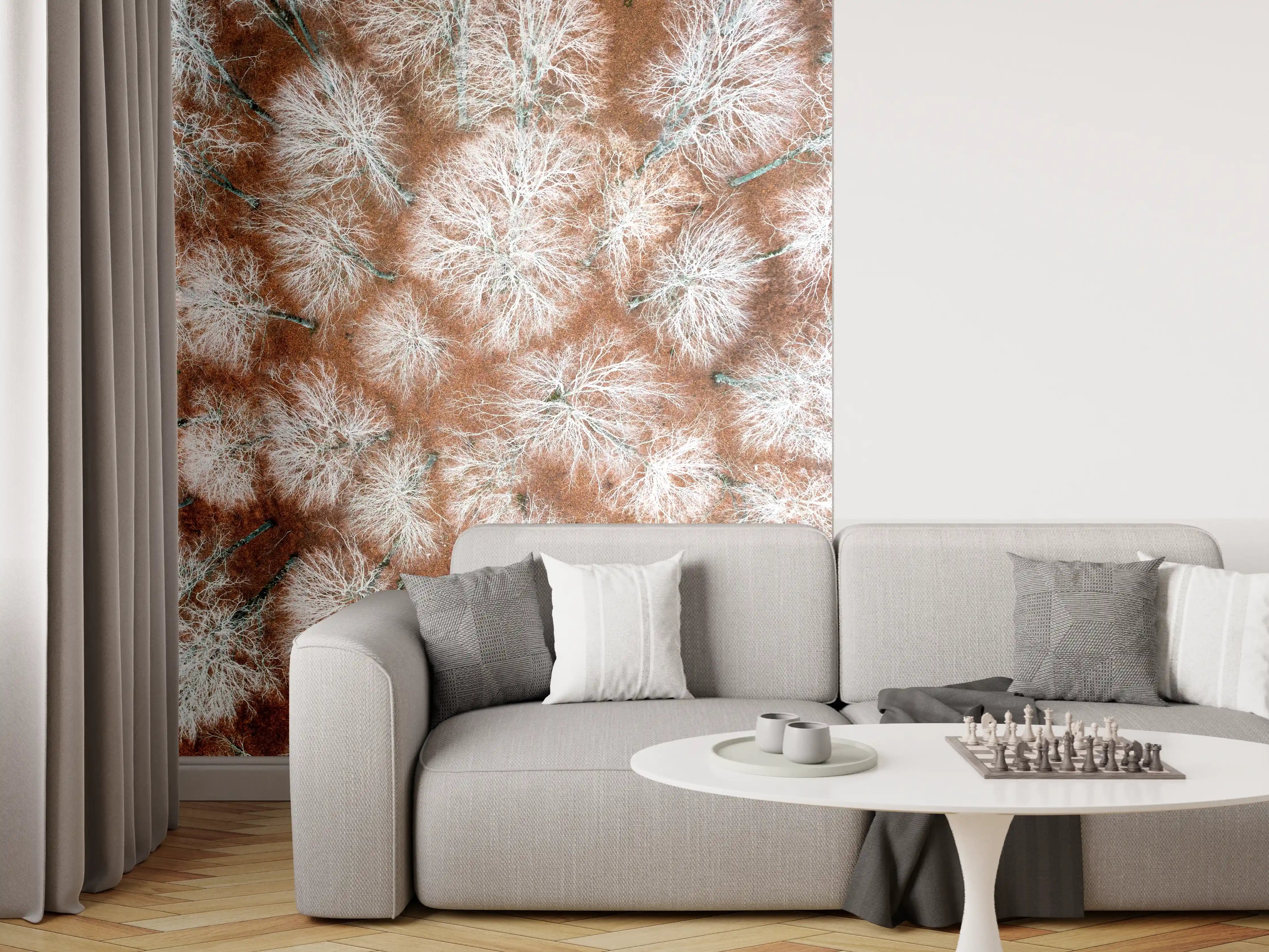 Wandverkleidung Wohnzimmer - Winterliche Baumlandschaft in Naturfarben