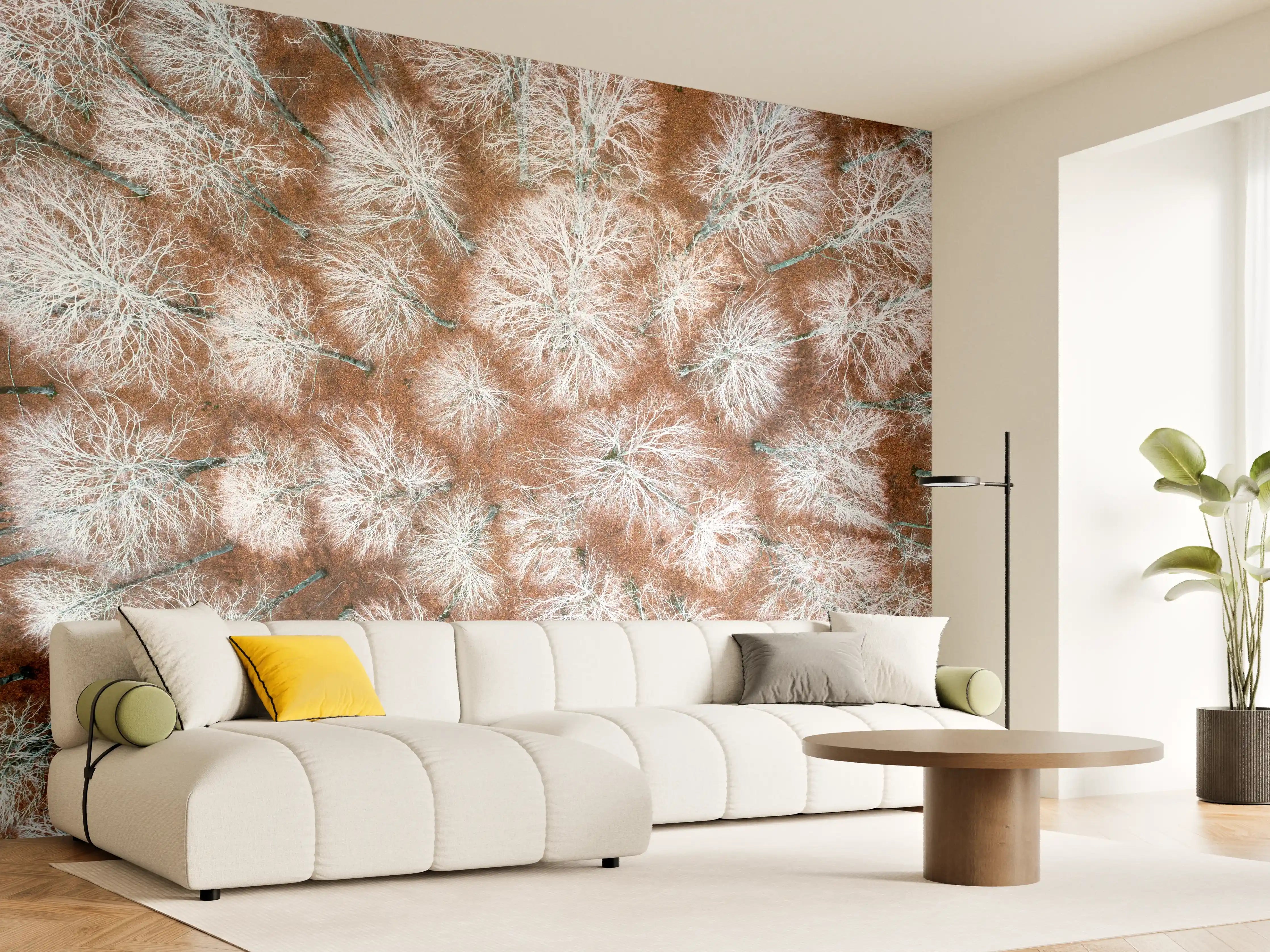 Wandverkleidung Wohnzimmer - Winterliche Baumlandschaft in Naturfarben