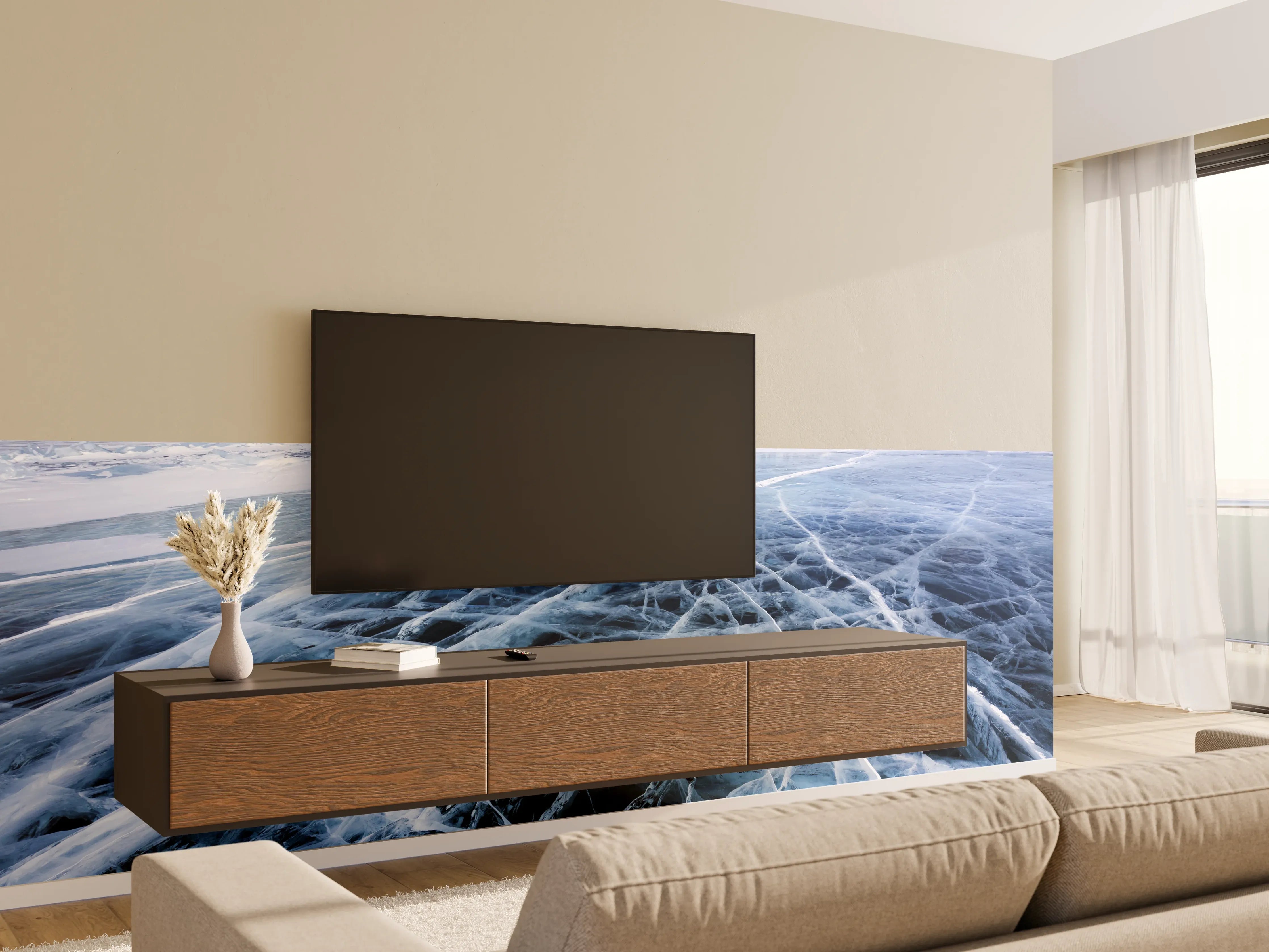Wandverkleidung Wohnzimmer - Winterliche Eislandschaft mit Bergblick