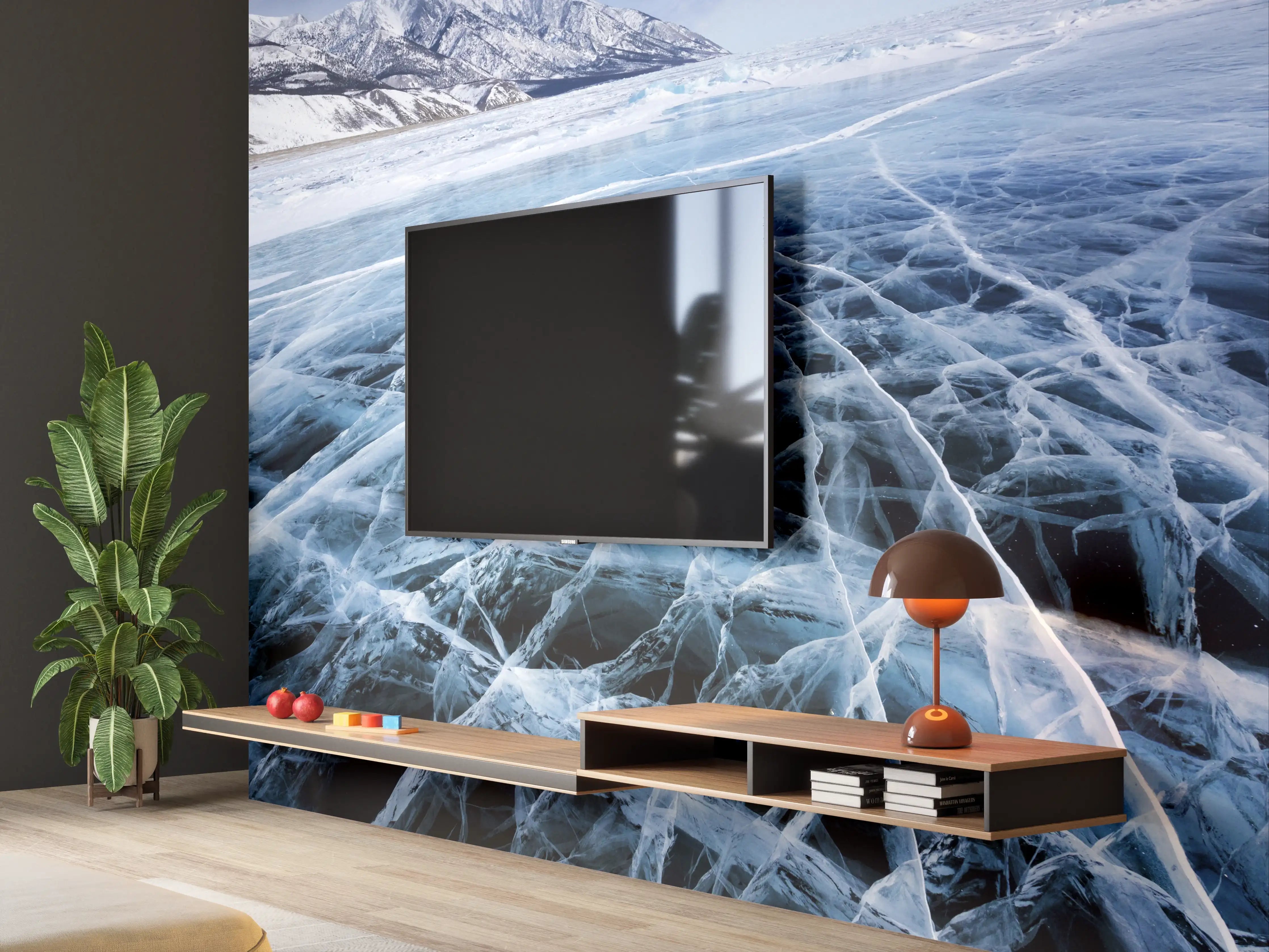 Wandverkleidung Wohnzimmer - Winterliche Eislandschaft mit Bergblick