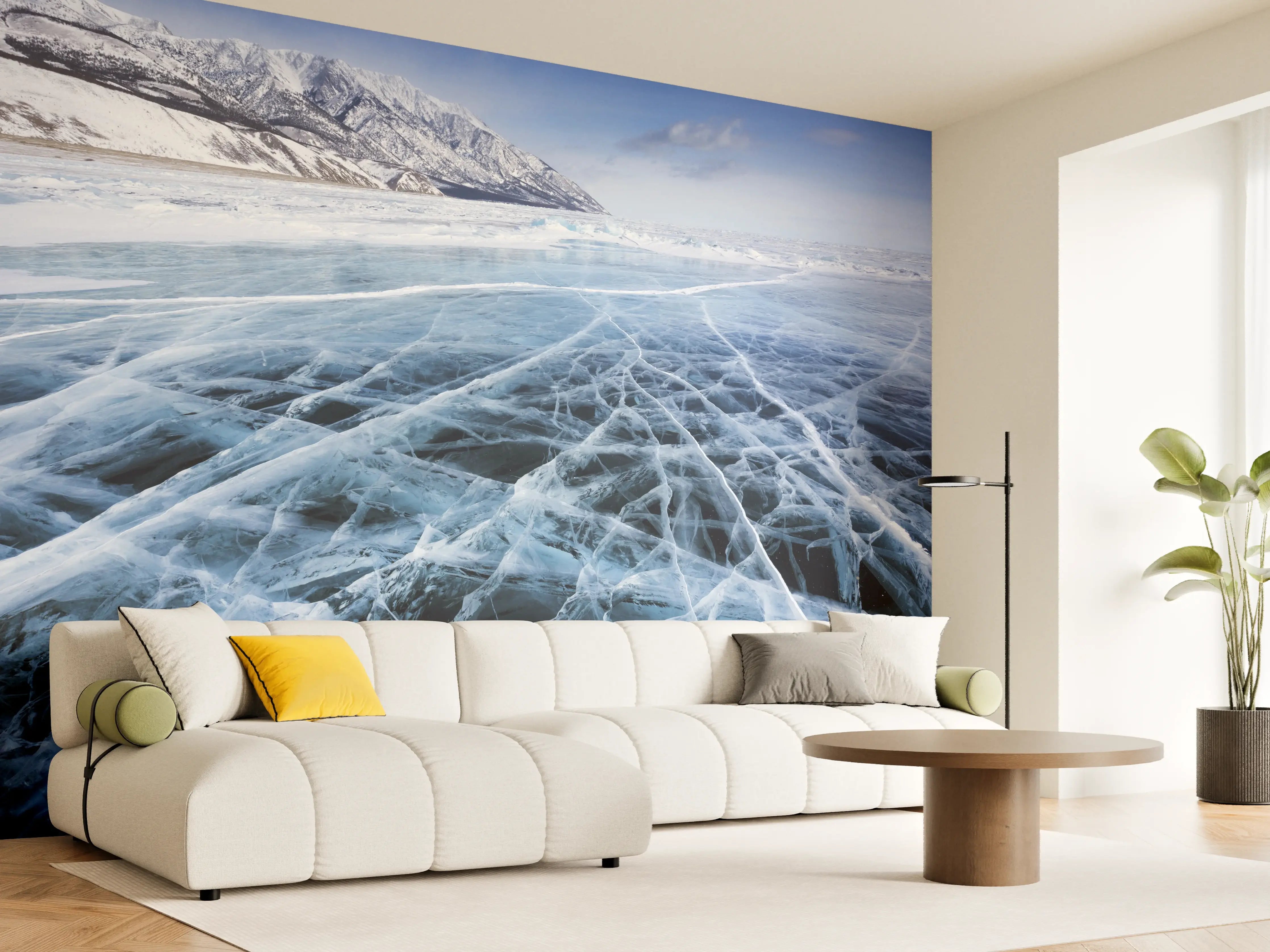 Wandverkleidung Wohnzimmer - Winterliche Eislandschaft mit Bergblick