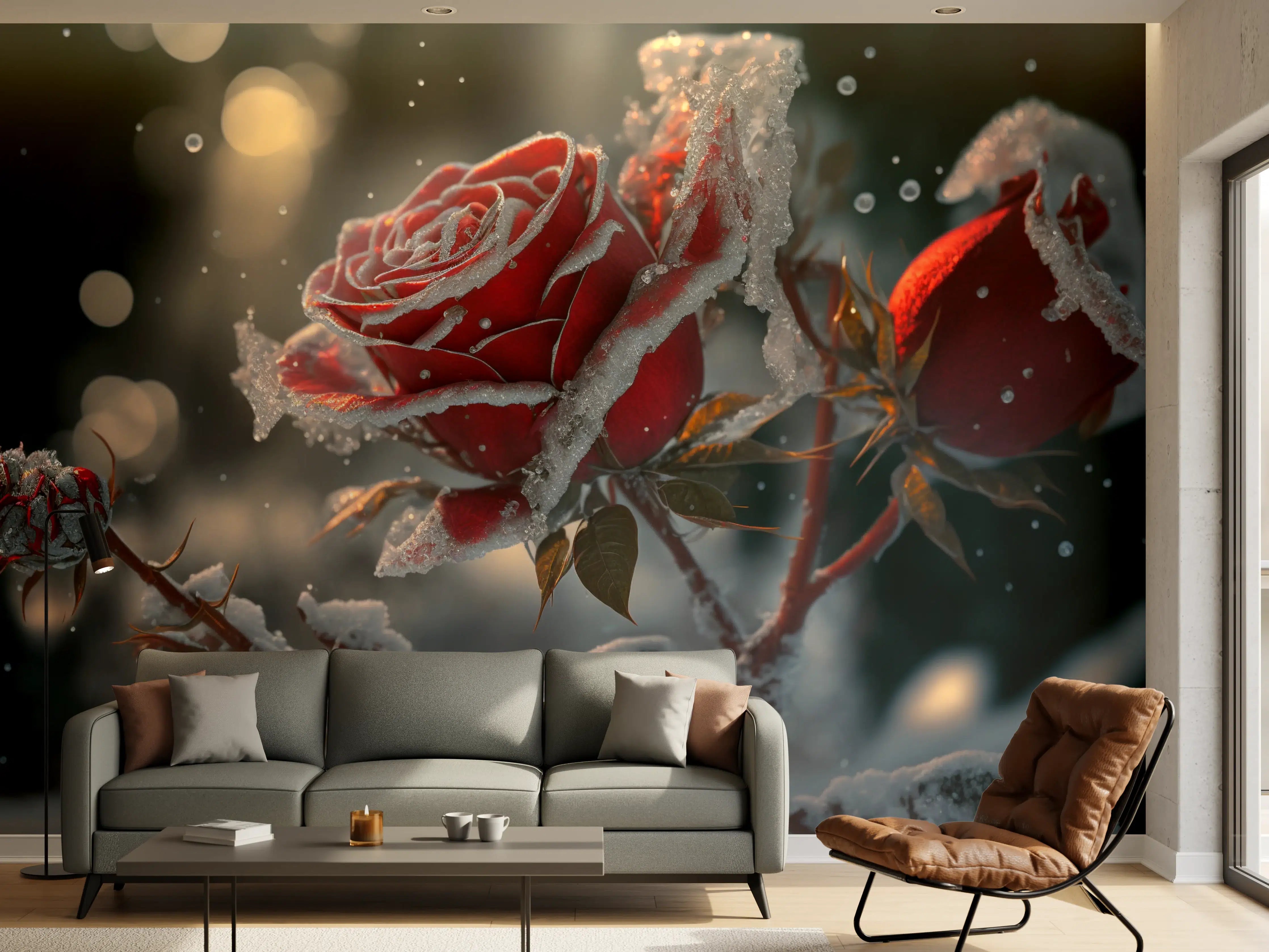Wandverkleidung Wohnzimmer - Winterliche Rosenträume im Schnee