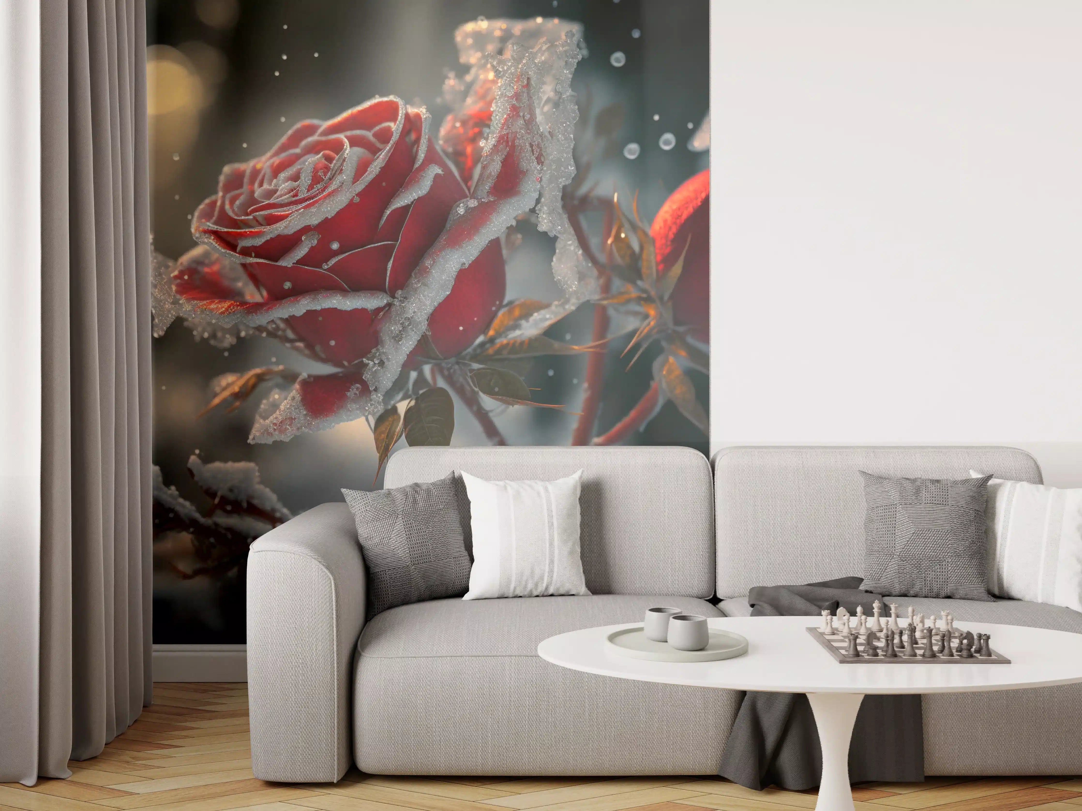Wandverkleidung Wohnzimmer - Winterliche Rosenträume im Schnee