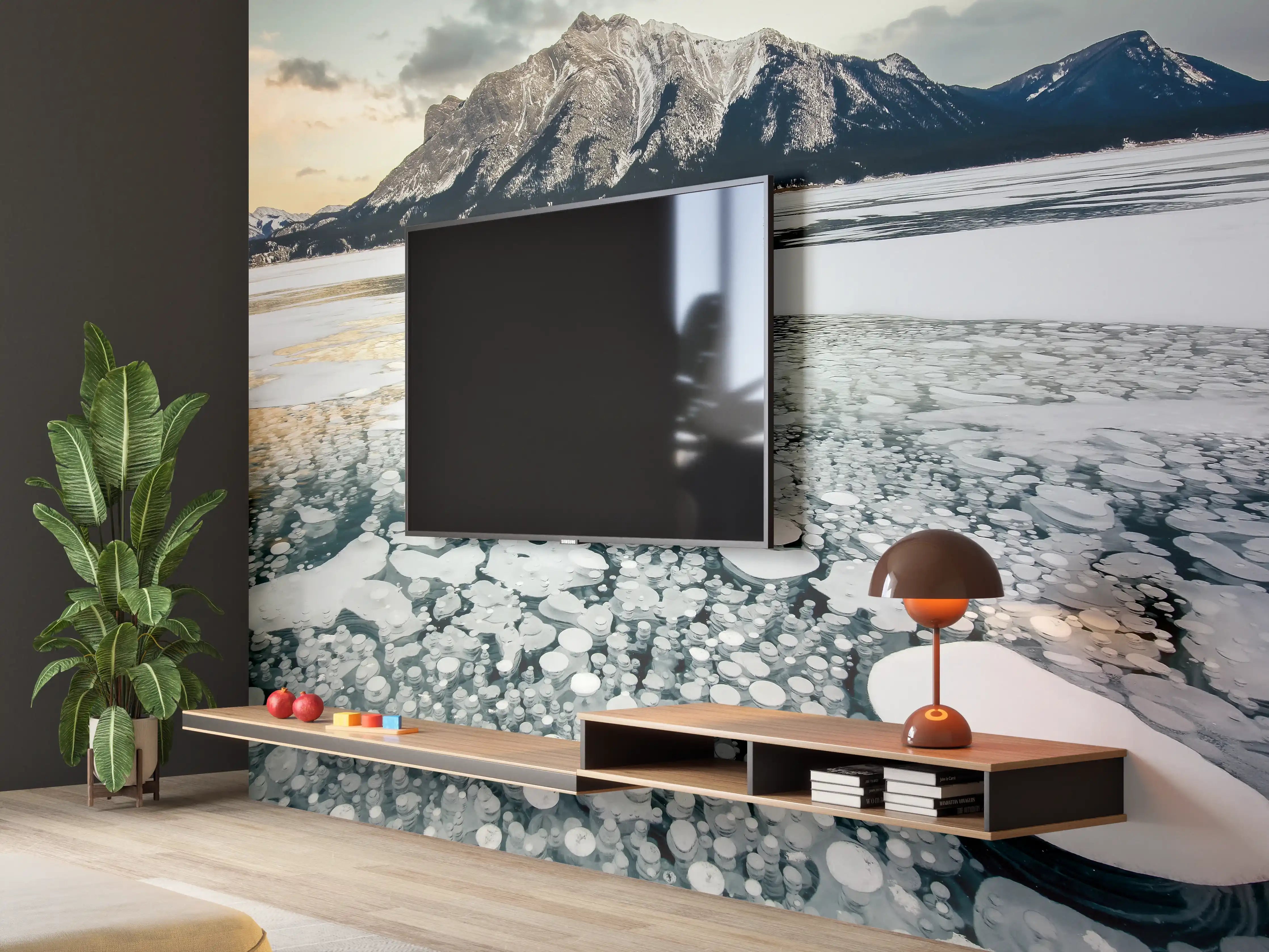 Wandverkleidung Wohnzimmer - Winterlicher See mit Eisblasen