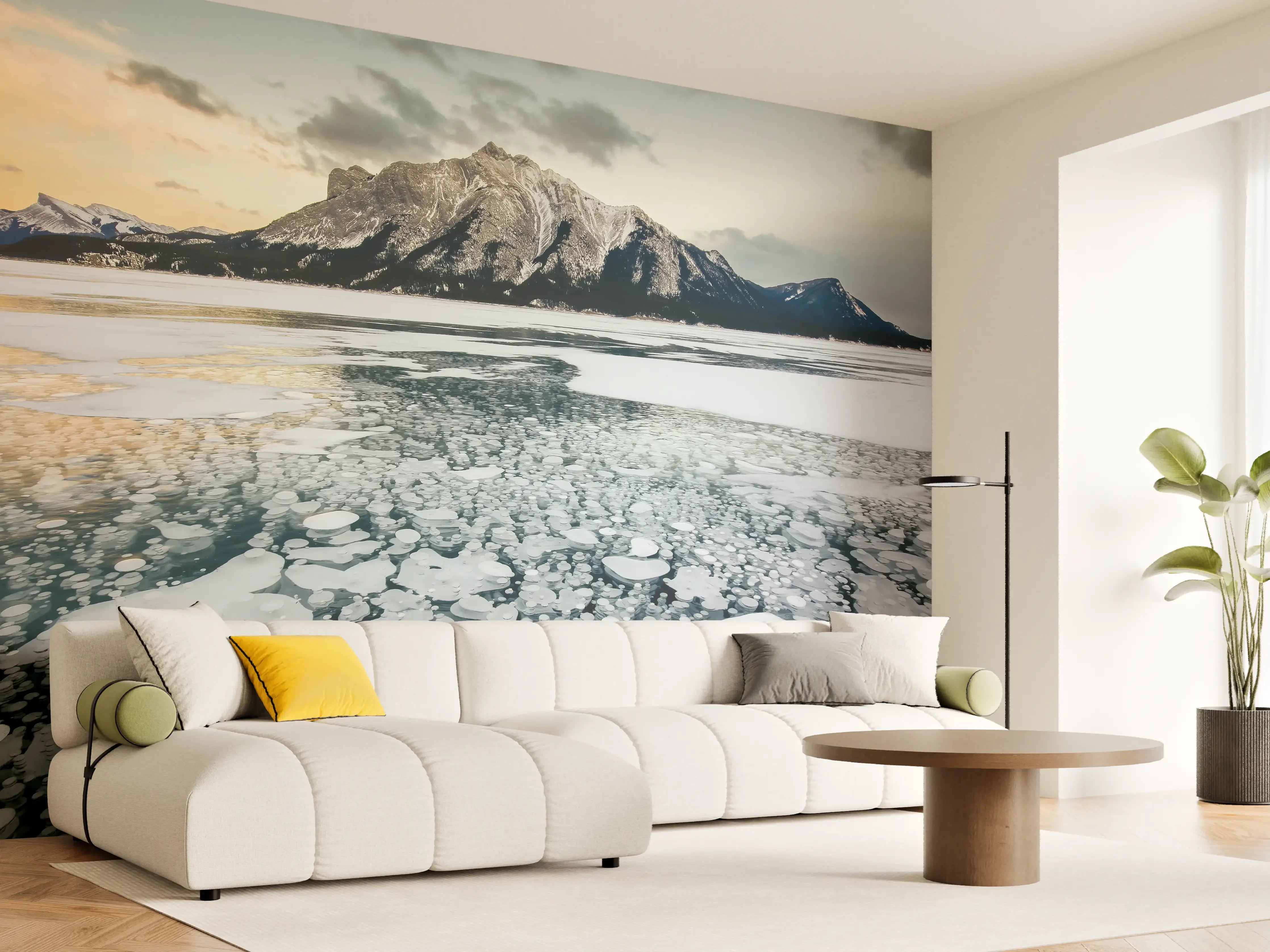 Wandverkleidung Wohnzimmer - Winterlicher See mit Eisblasen