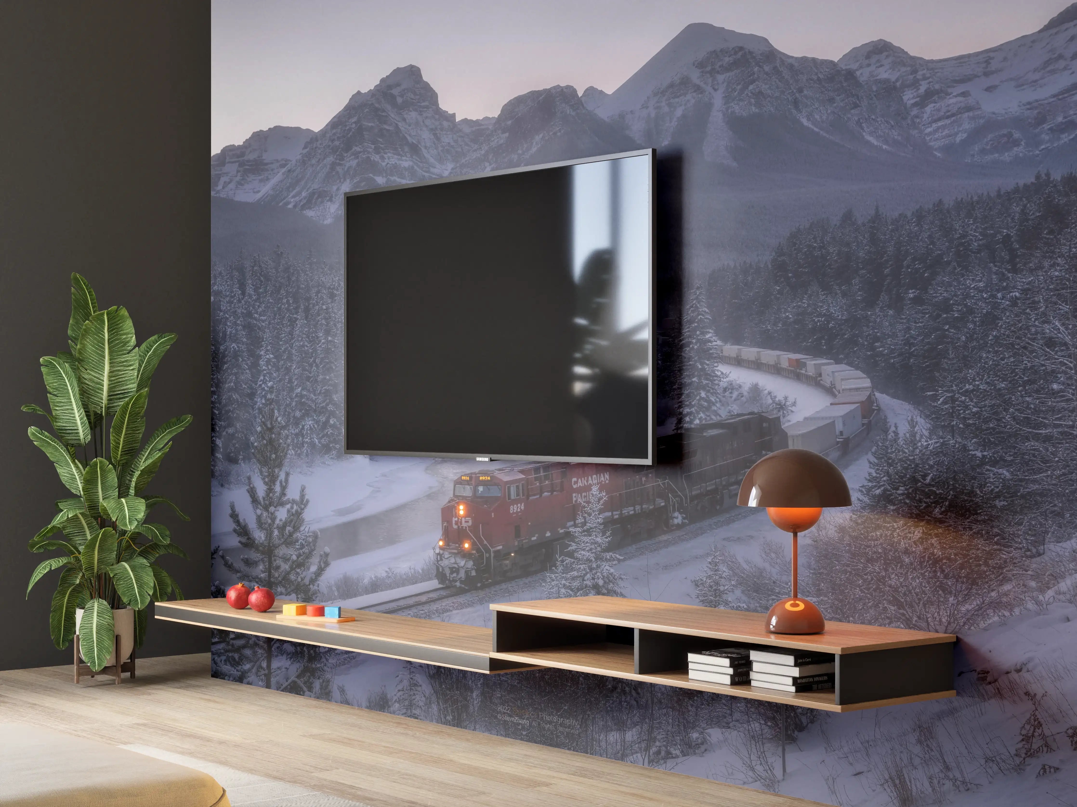Wandverkleidung Wohnzimmer - Winterzug in Bergkulisse